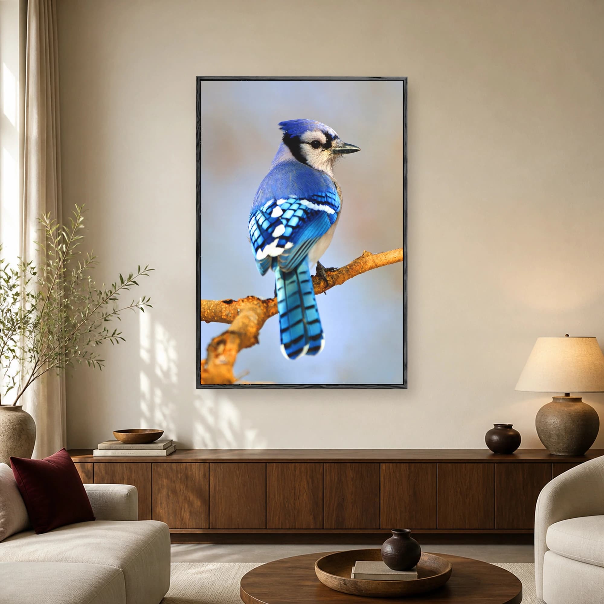Close-up photograph of a vibrant blue jay bird with striking blue and white feathers perched on a textured branch against a soft neutral background.