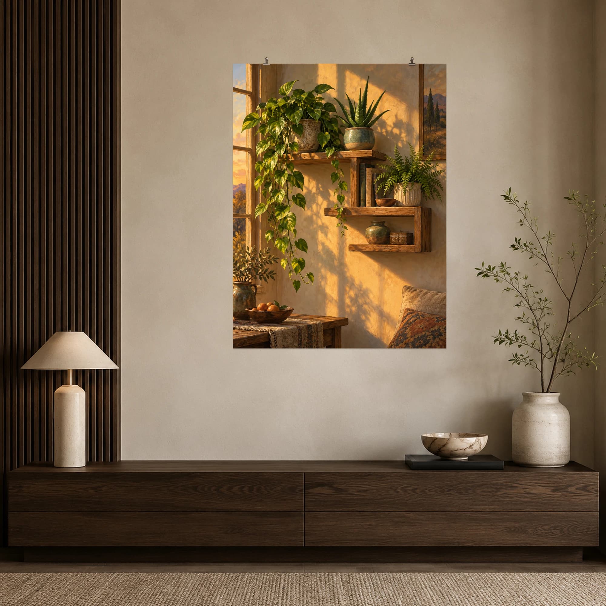 Pothos, aloe and ferns fill an asymmetrical wooden shelf in warm evening light. Layered leaves turn a simple interior corner into a small indoor garden.