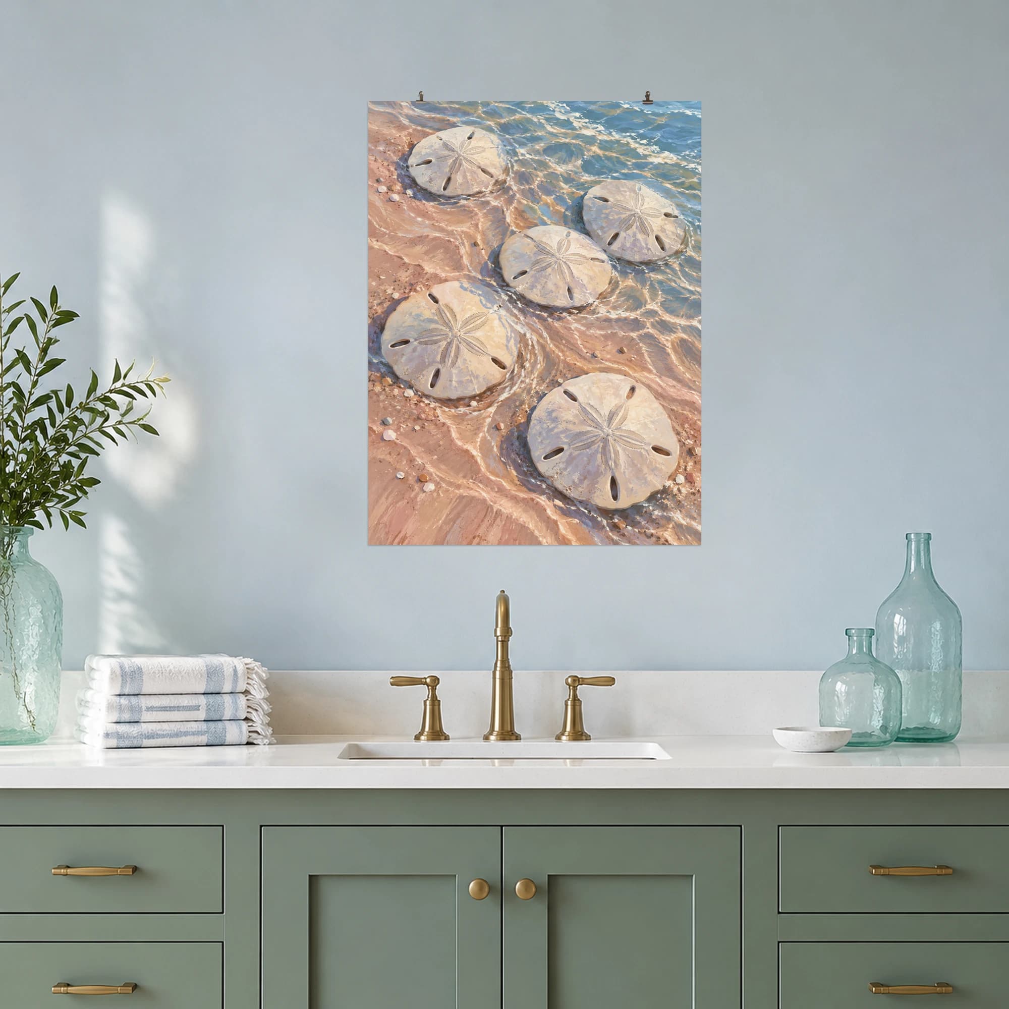 This gouache-style composition features five pale sand dollars arranged naturally among shallow tidal ripples on rose beige sand with soft blue reflections. Expressive brushwork and a balanced palette bring warmth and character to your space.