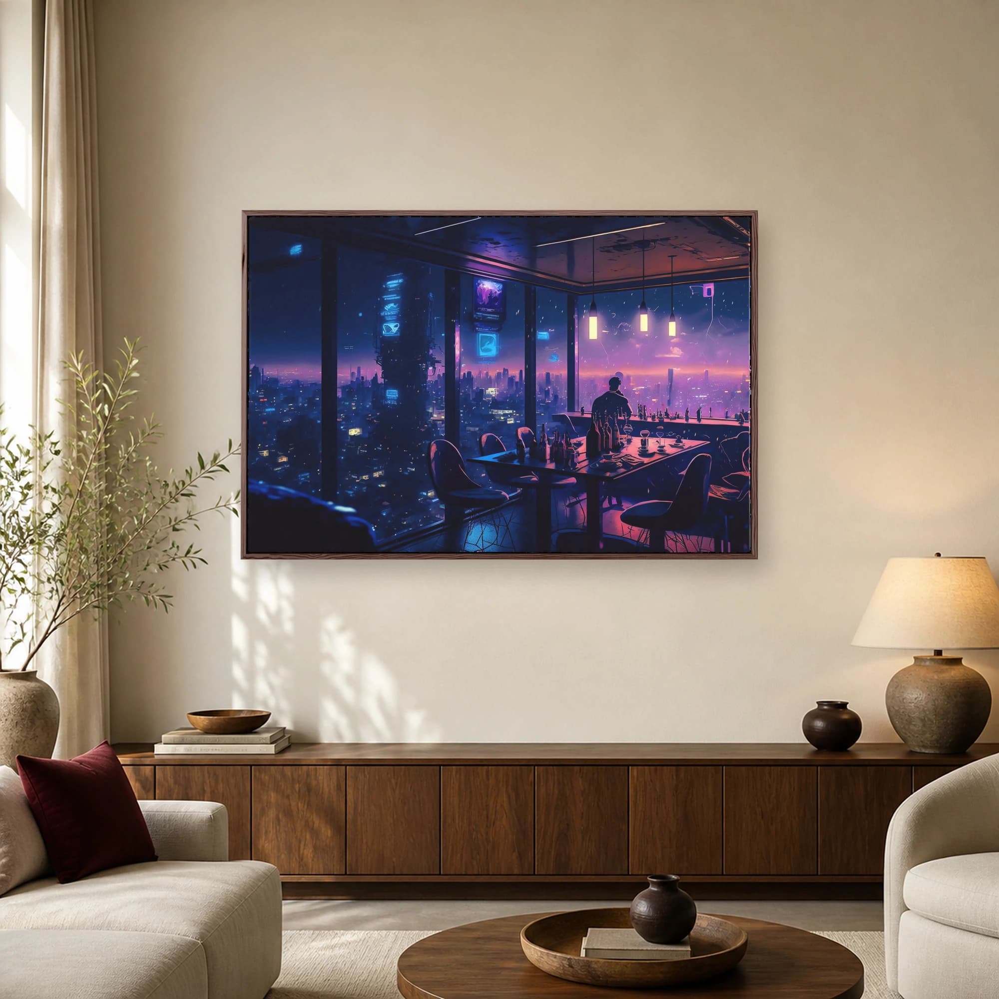 A high-rise lounge interior looking out onto a futuristic cyberpunk city skyline with glowing purple and blue neon lights.