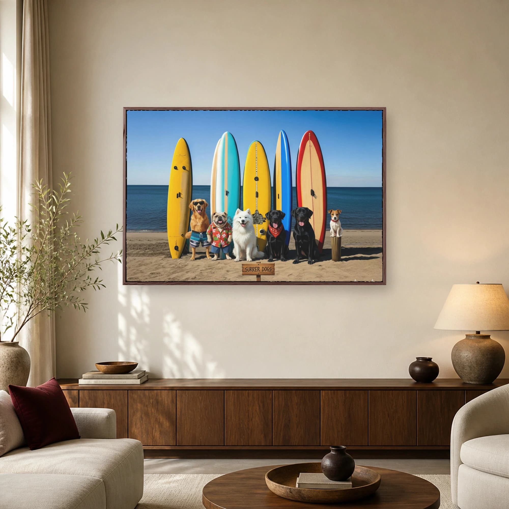 Surrer Dogs Colorful Beach Surfboard Wall Art, view 2