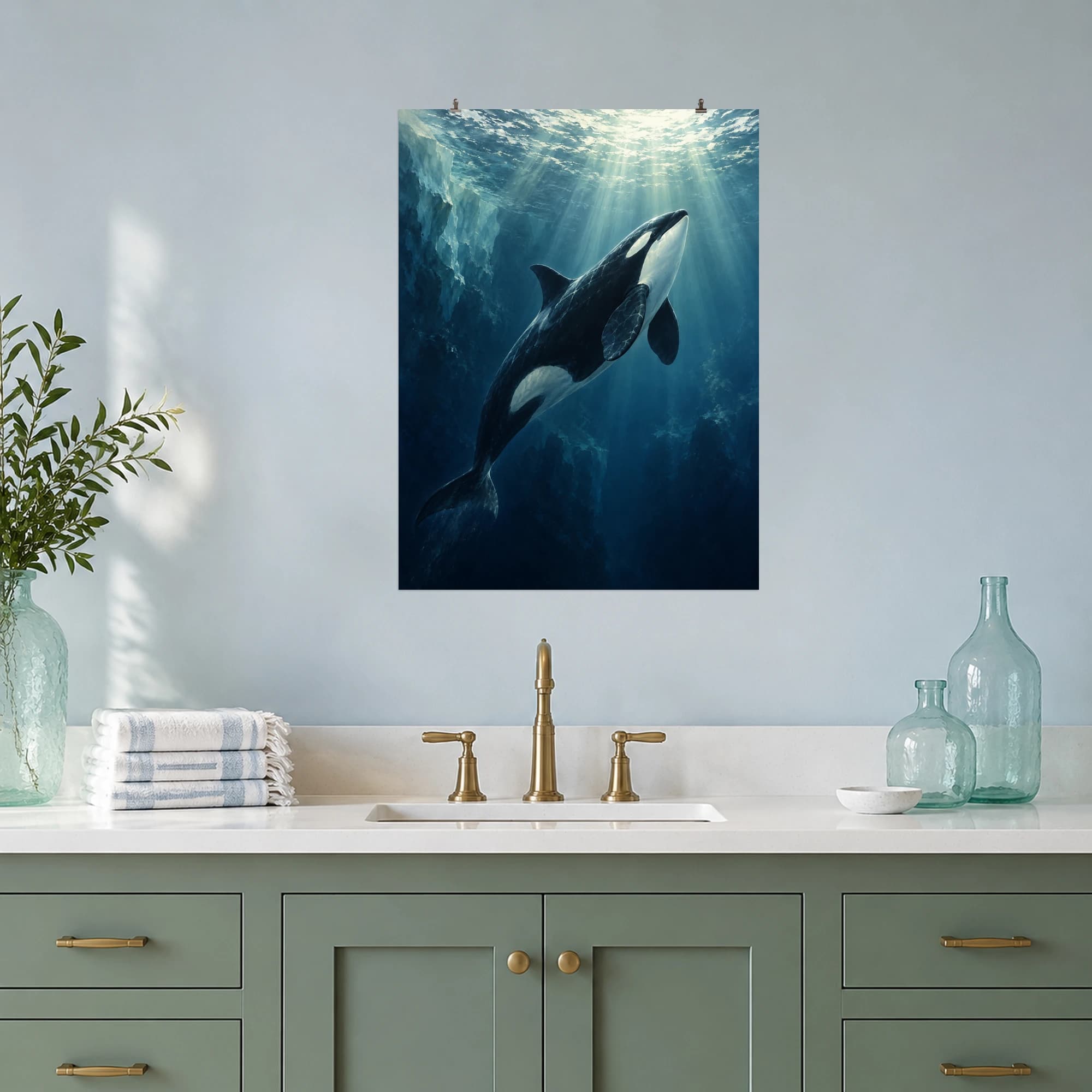 A solitary orca glides below the luminous surface of a northern sea.