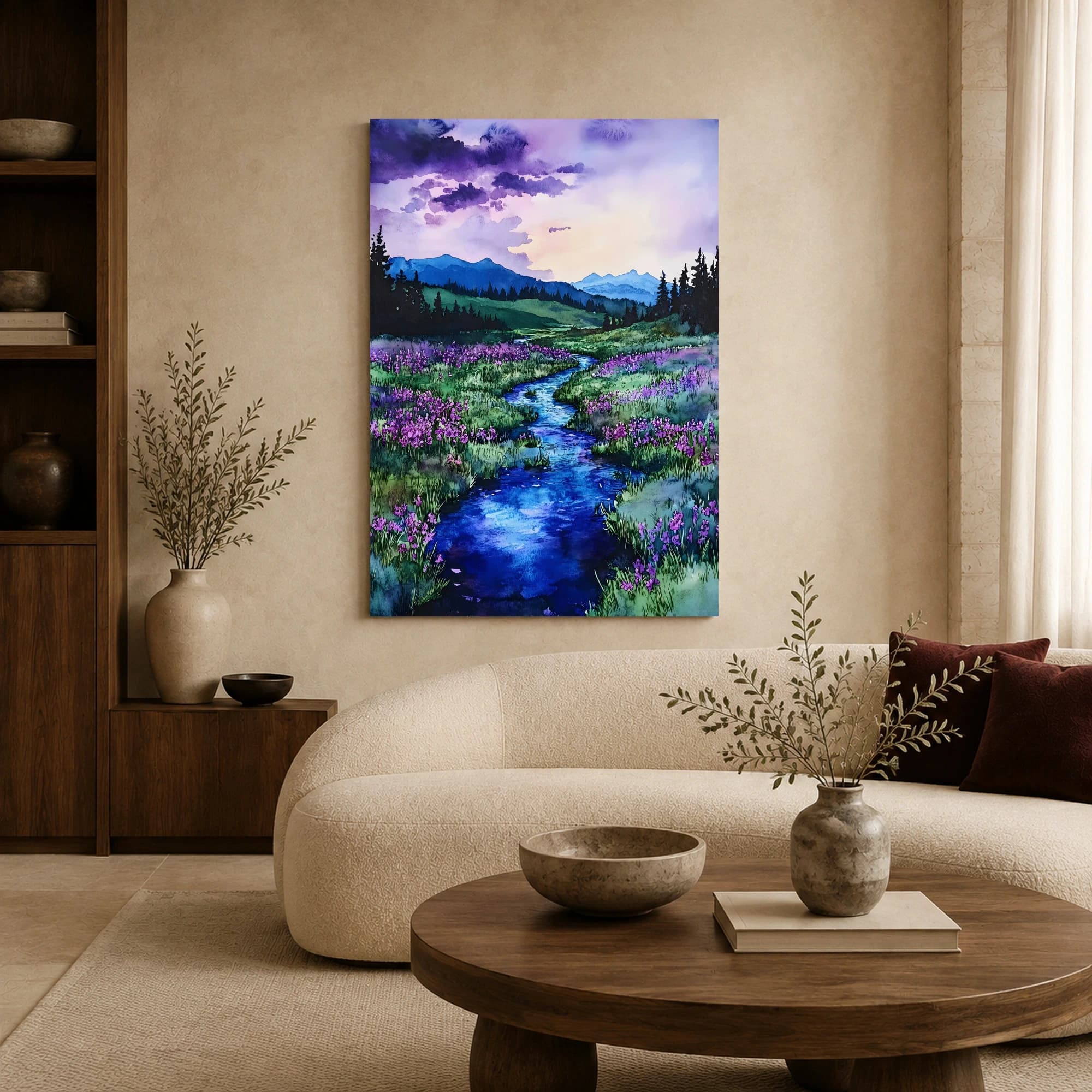 Purple Valley River Watercolor Landscape Wall Art, view 4