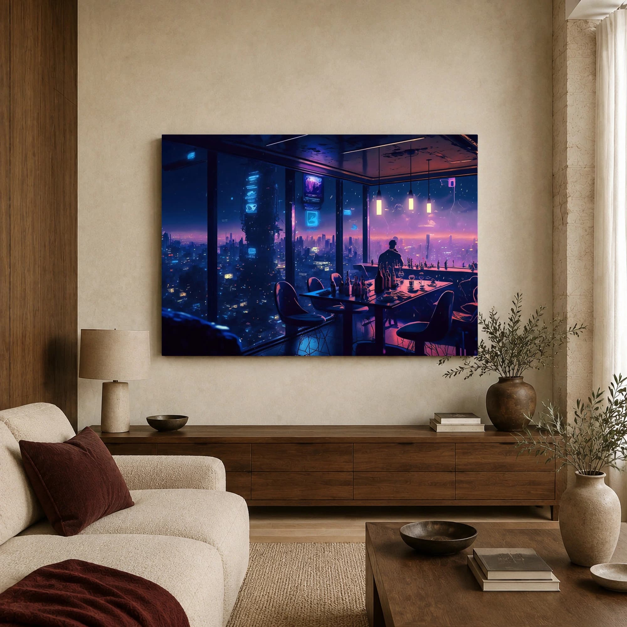 Cyberpunk Cityscape Neon Lounge Canvas Wall Art, view 3