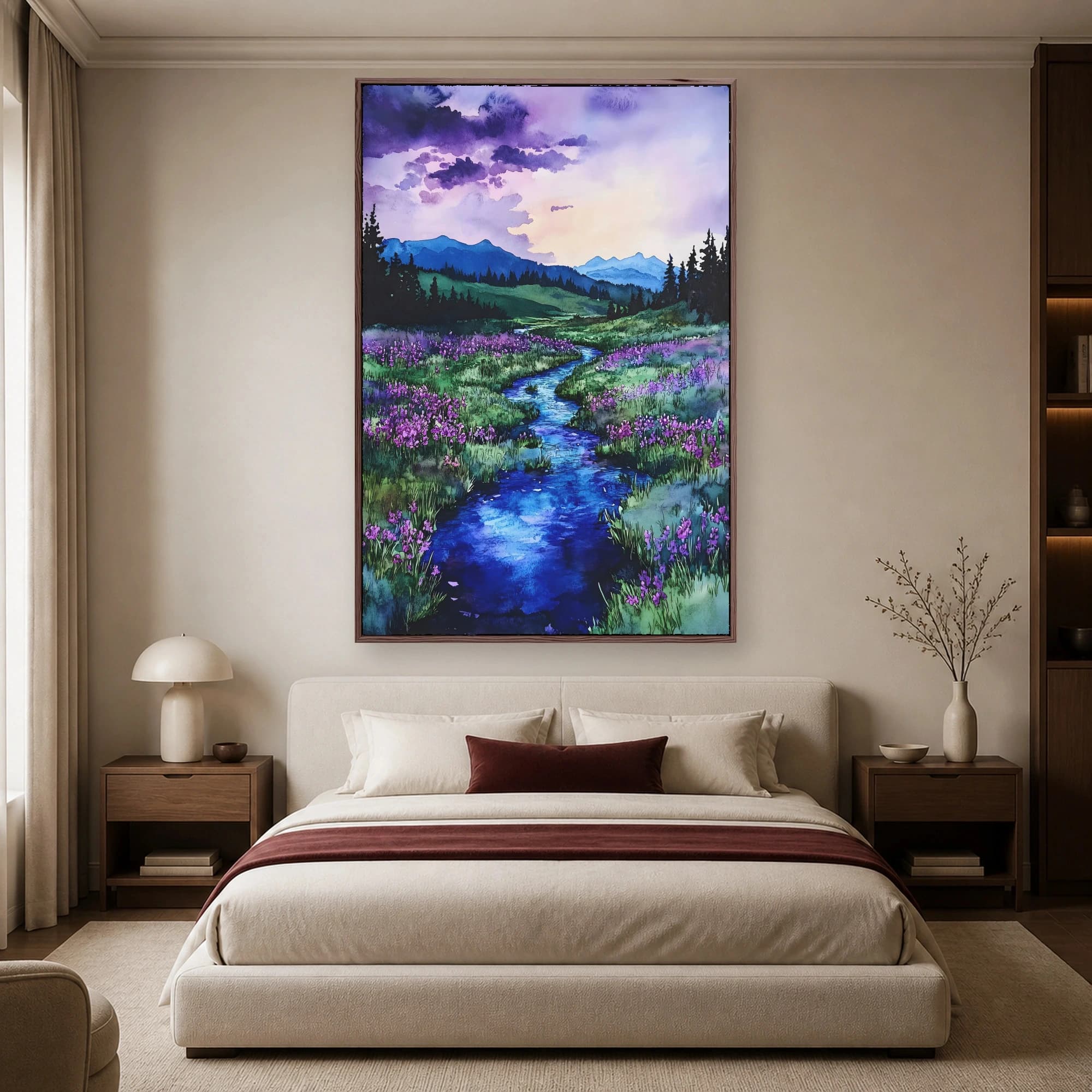 Purple Valley River Watercolor Landscape Wall Art, view 6