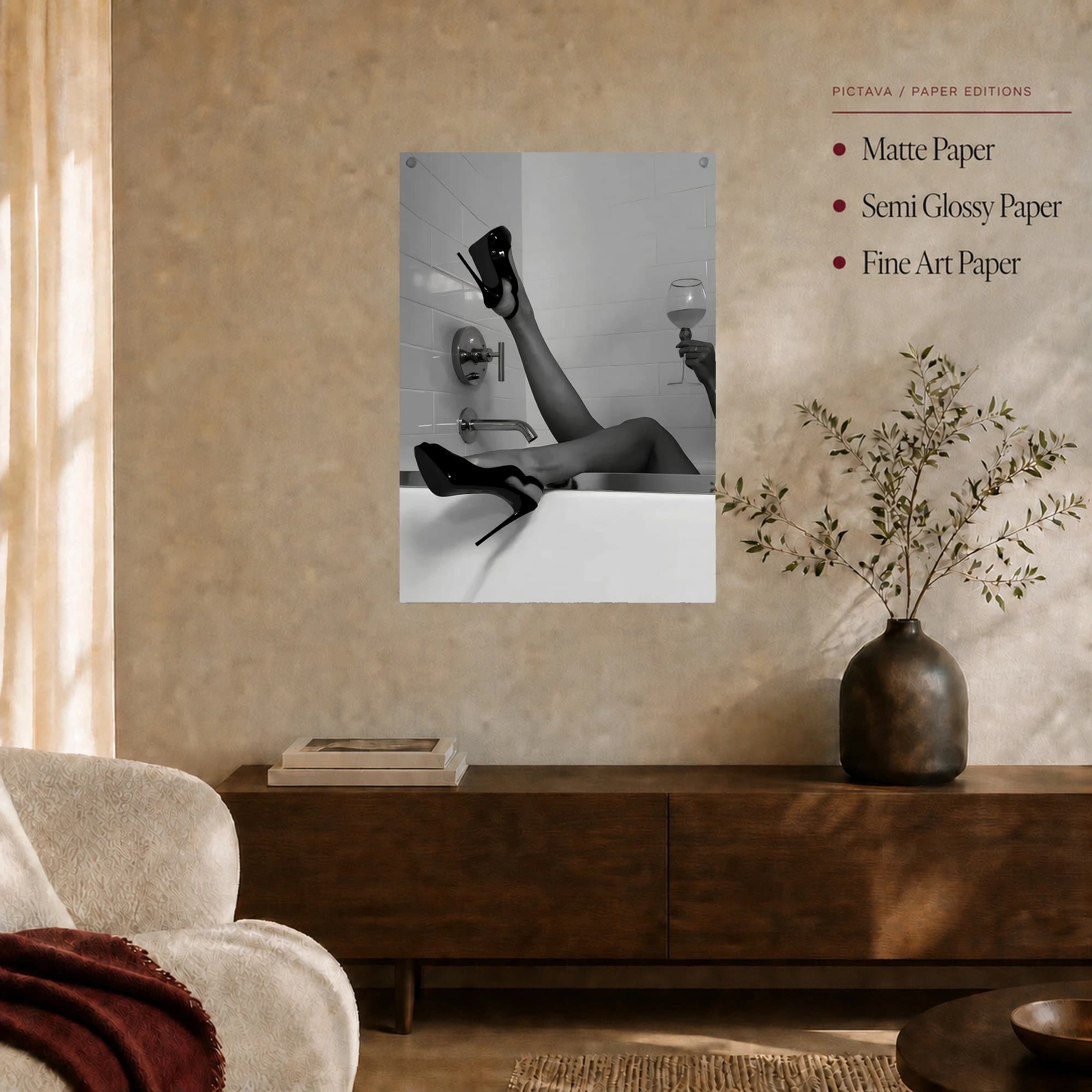 High Heels in Bathtub & Wine Glass Black and White Art, view 7
