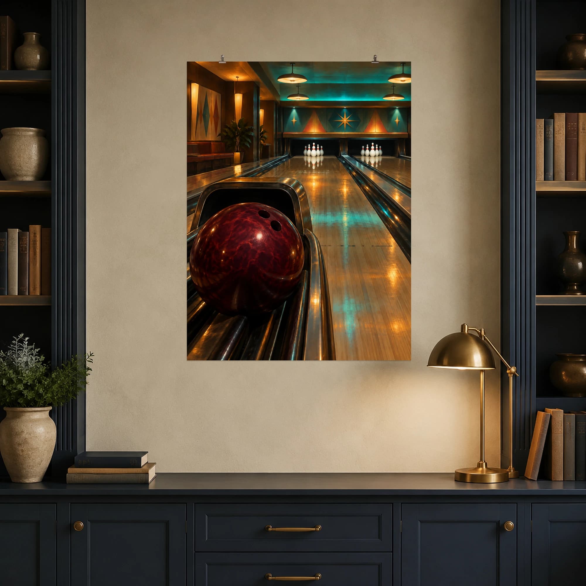A burgundy bowling ball and polished lanes glow beneath teal and amber lights in a retro bowling alley.