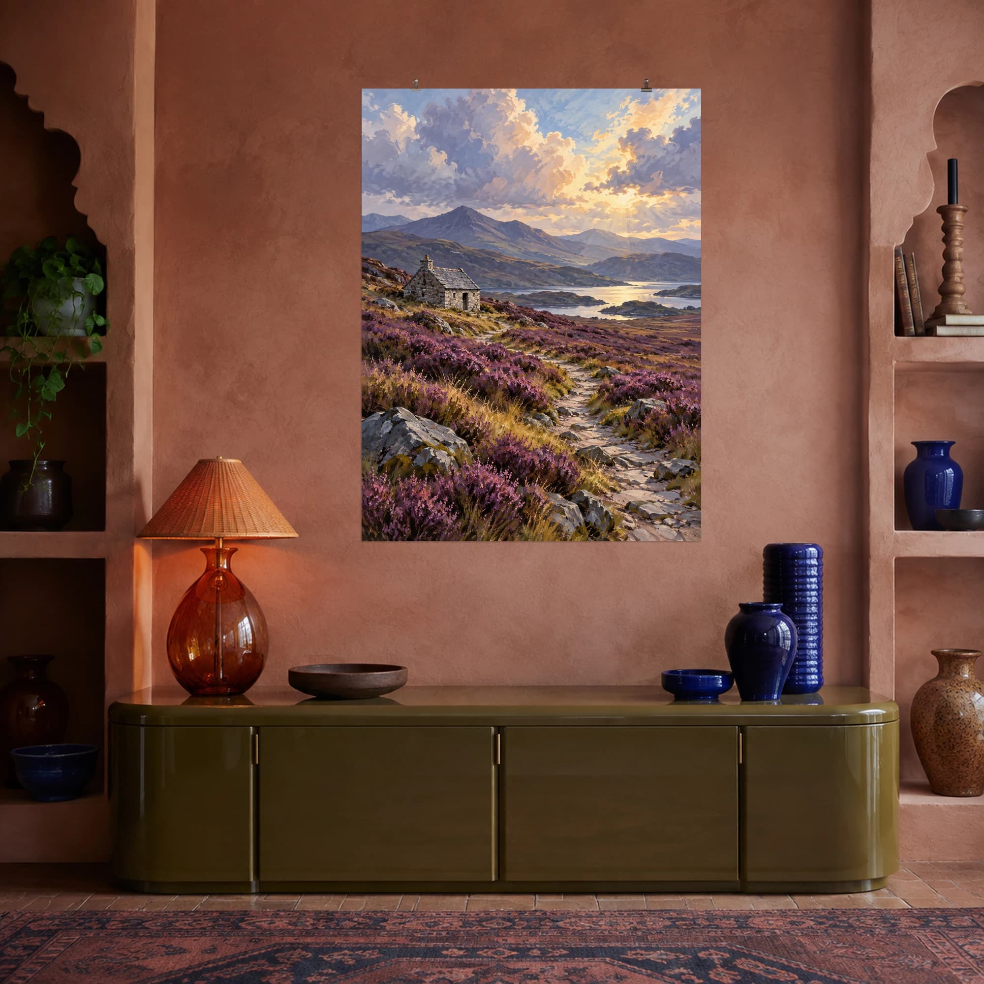 This gouache-style composition features a small stone bothy beside a winding path through purple heather moorland, distant slate hills and a luminous cloudy sky. Expressive brushwork and a balanced palette bring warmth and character to your space.