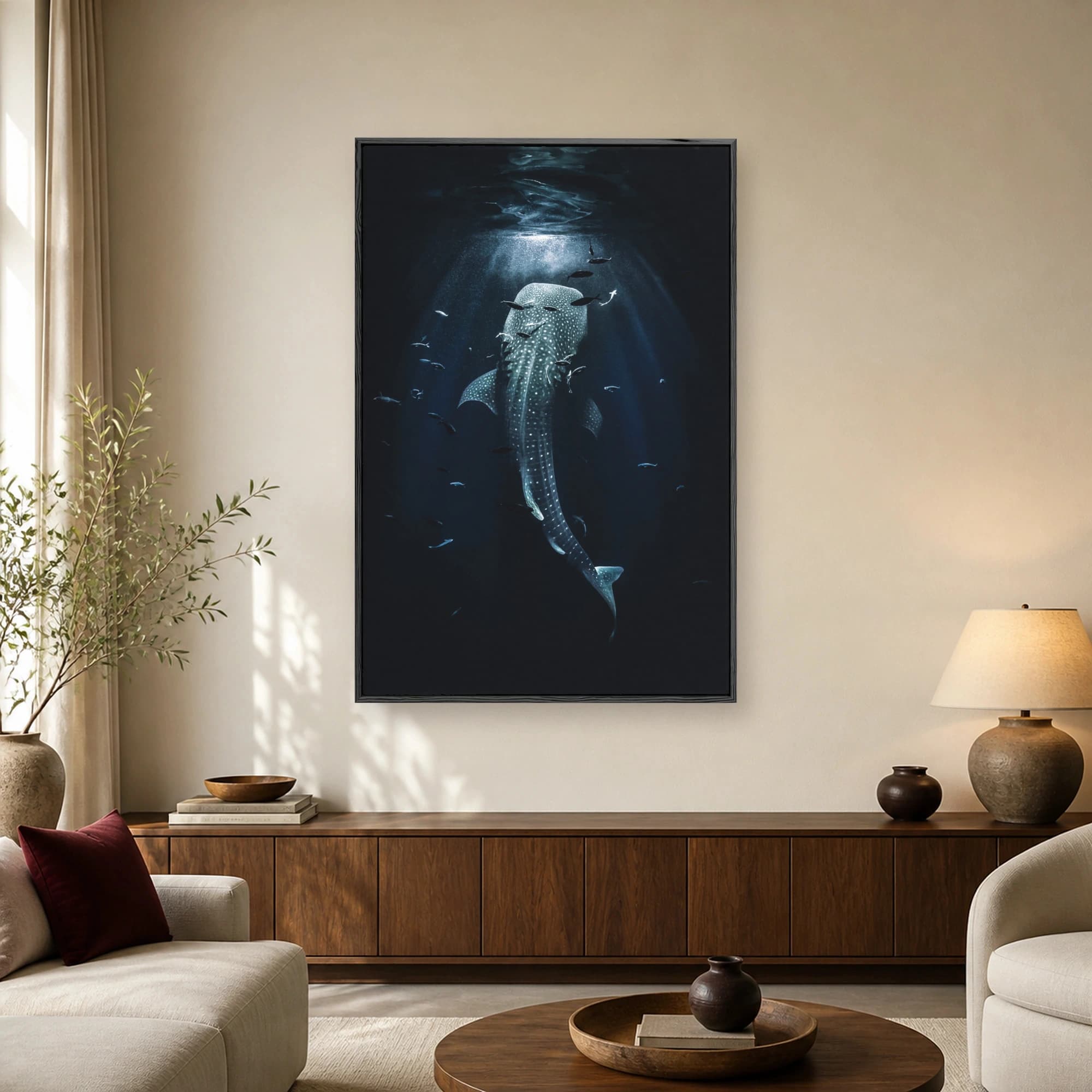 A majestic whale shark swimming downward in deep dark blue ocean water surrounded by small fish and subtle light rays from above.