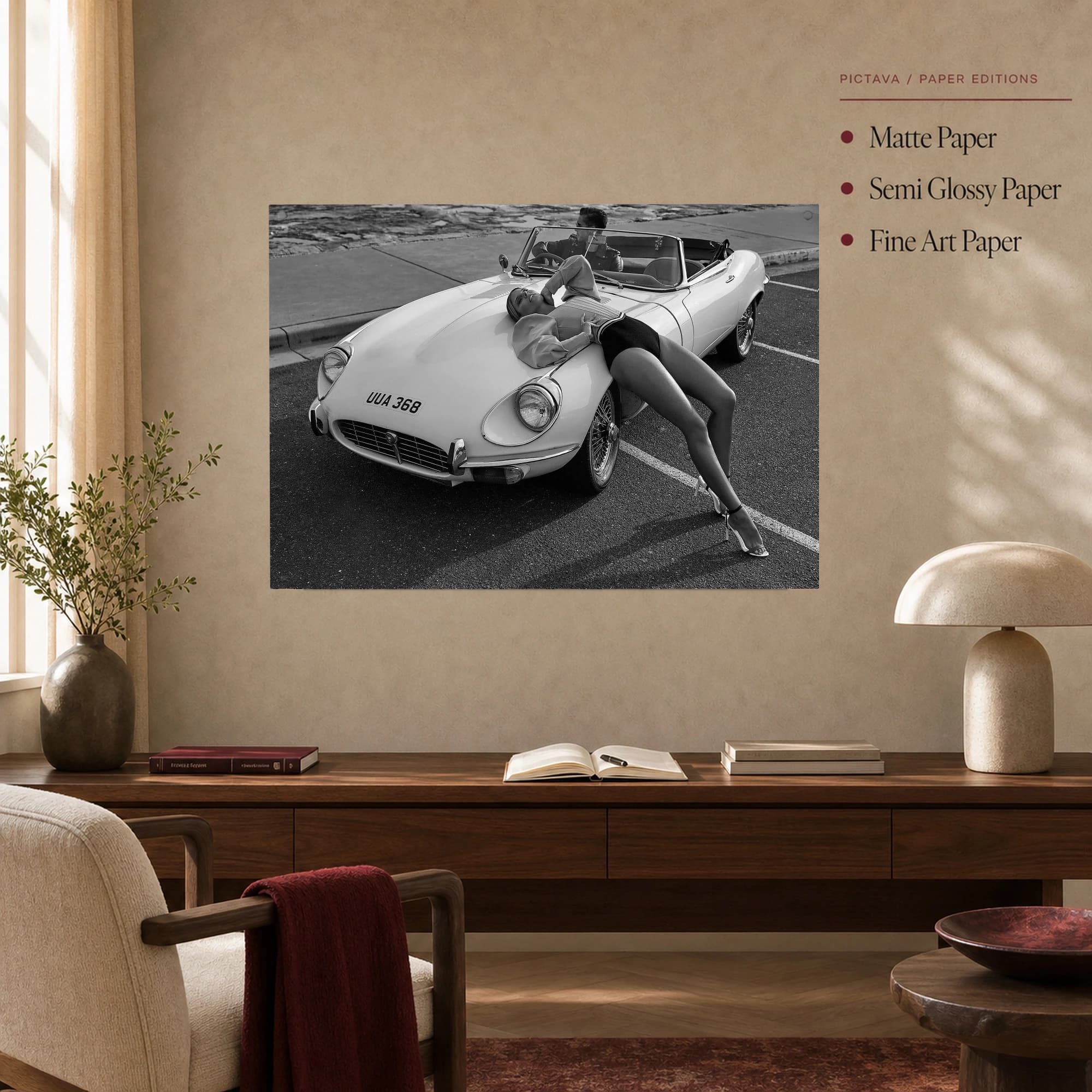 Vintage Sports Car and Fashion Model Black and White Art Print, view 4