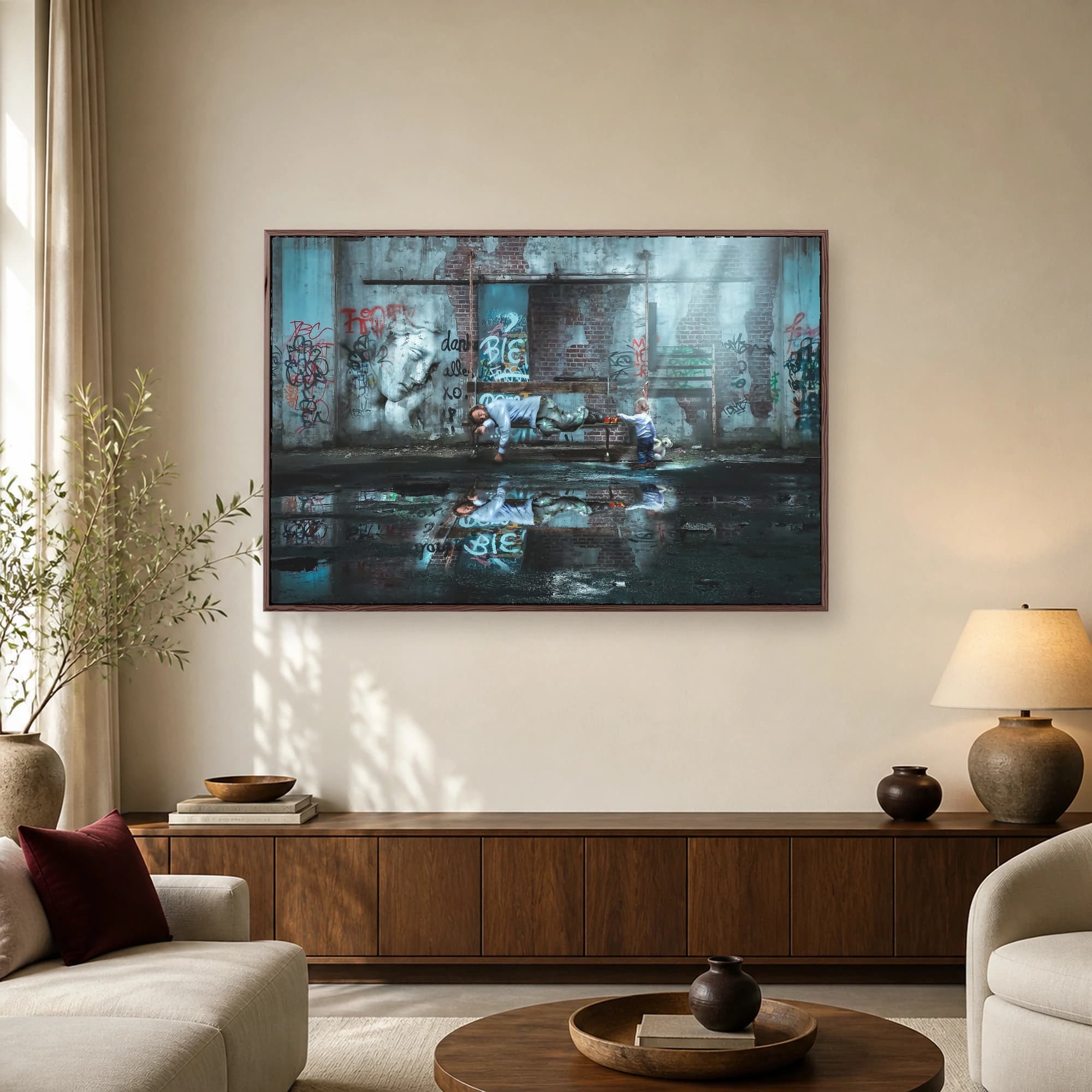Surreal urban fine art depicting a toddler with a teddy bear offering red apples to a sleeping man on a bench in a graffiti ruin with water reflections.