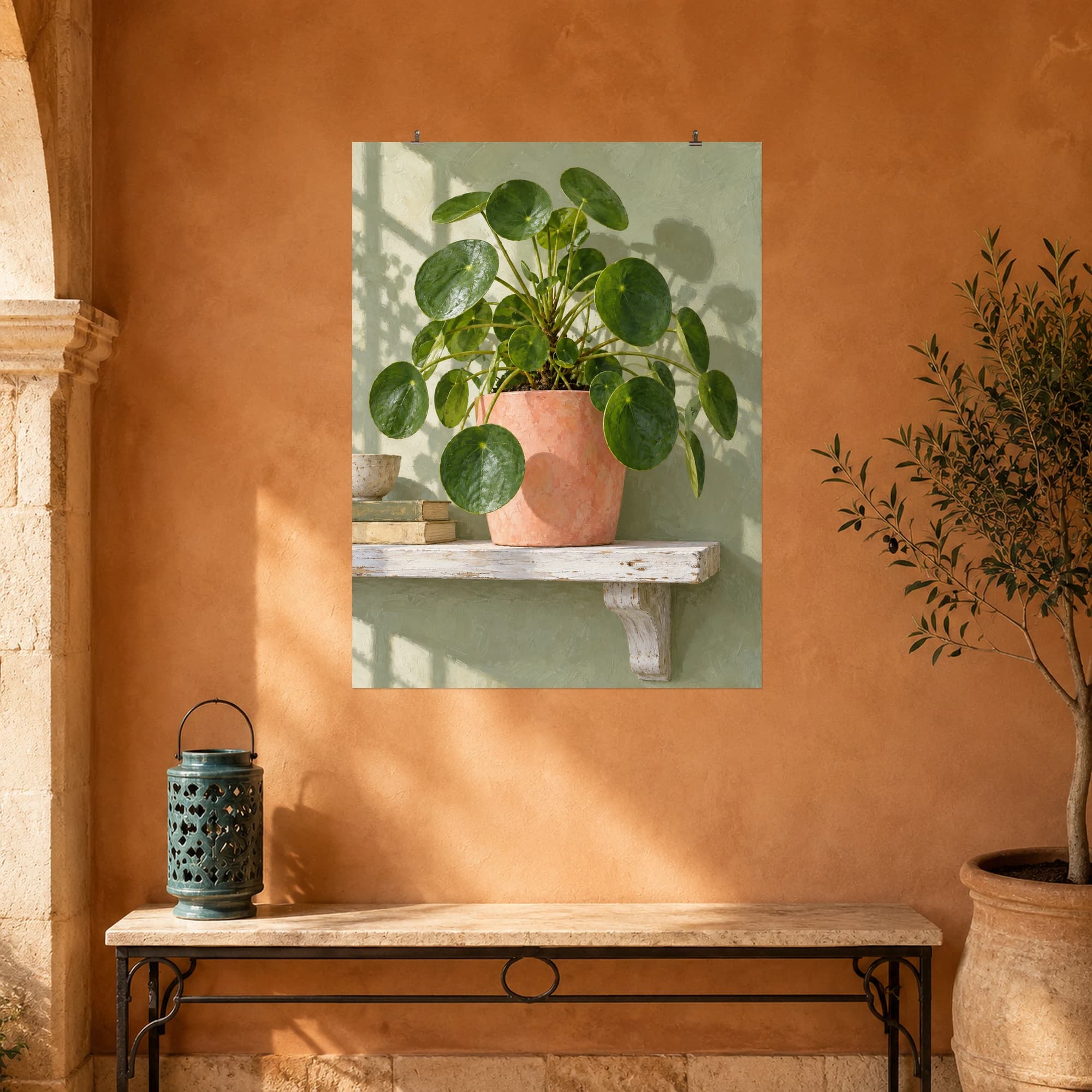 A pilea plant in a coral pot casts soft morning shadows across a sage-colored shelf. Round leaves and simple color contrasts create a quiet botanical study.