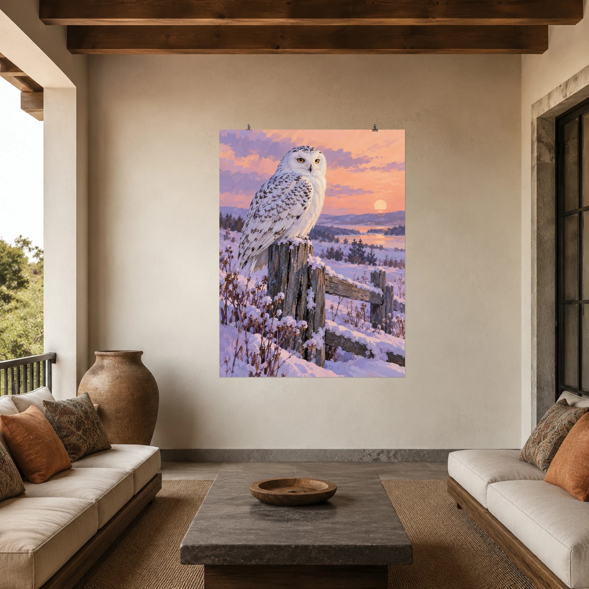 This gouache-style composition features a snowy owl perched on a weathered fence with lilac snow and a pale peach dusk sky. Expressive brushwork and carefully balanced color bring a distinctive focal point to your wall.