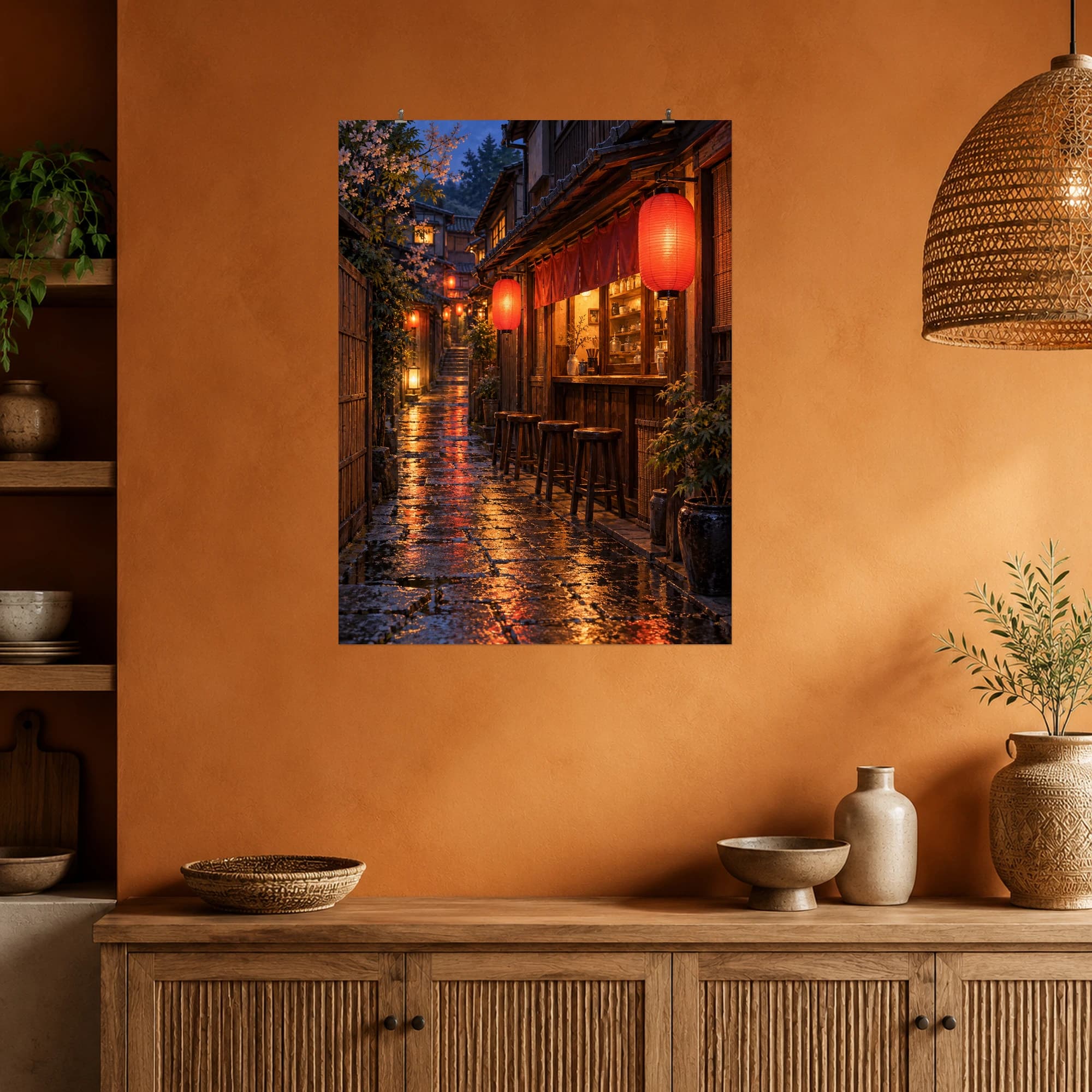 Plain red lanterns illuminate an intimate Japanese lane after the rain.