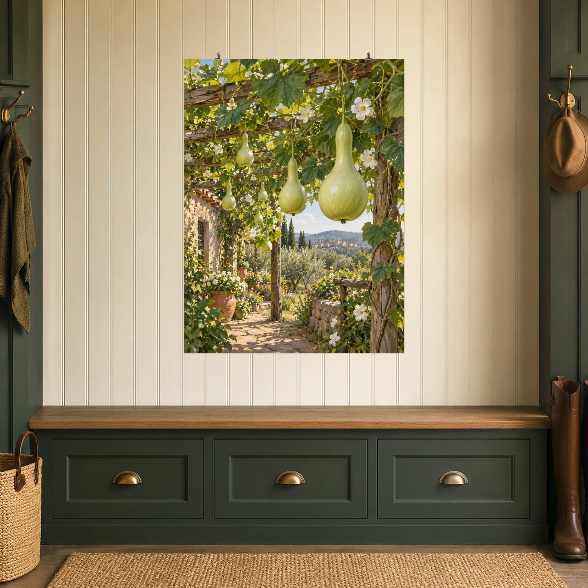 Pale gourds hang from a leafy wooden arbor. Dappled light reveals the shapes of the fruit and the texture of the garden structure.
