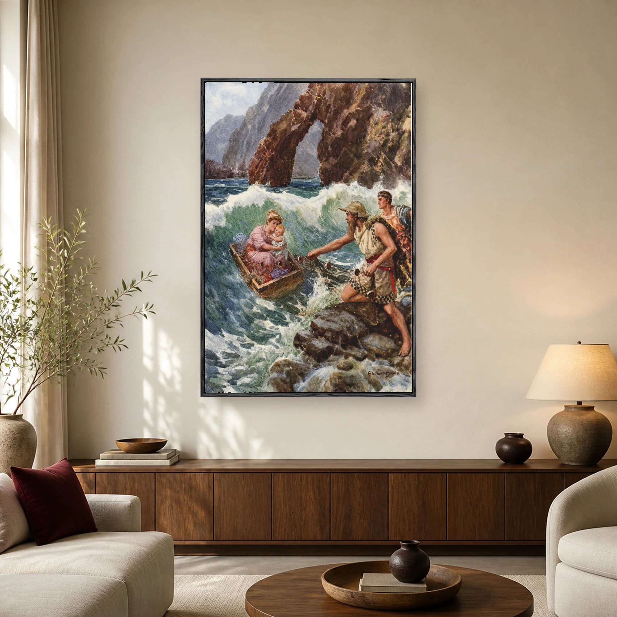 Classical illustration of Danae holding baby Perseus in a wooden chest on stormy seas while fisherman Dictys pulls them to shore with a net.