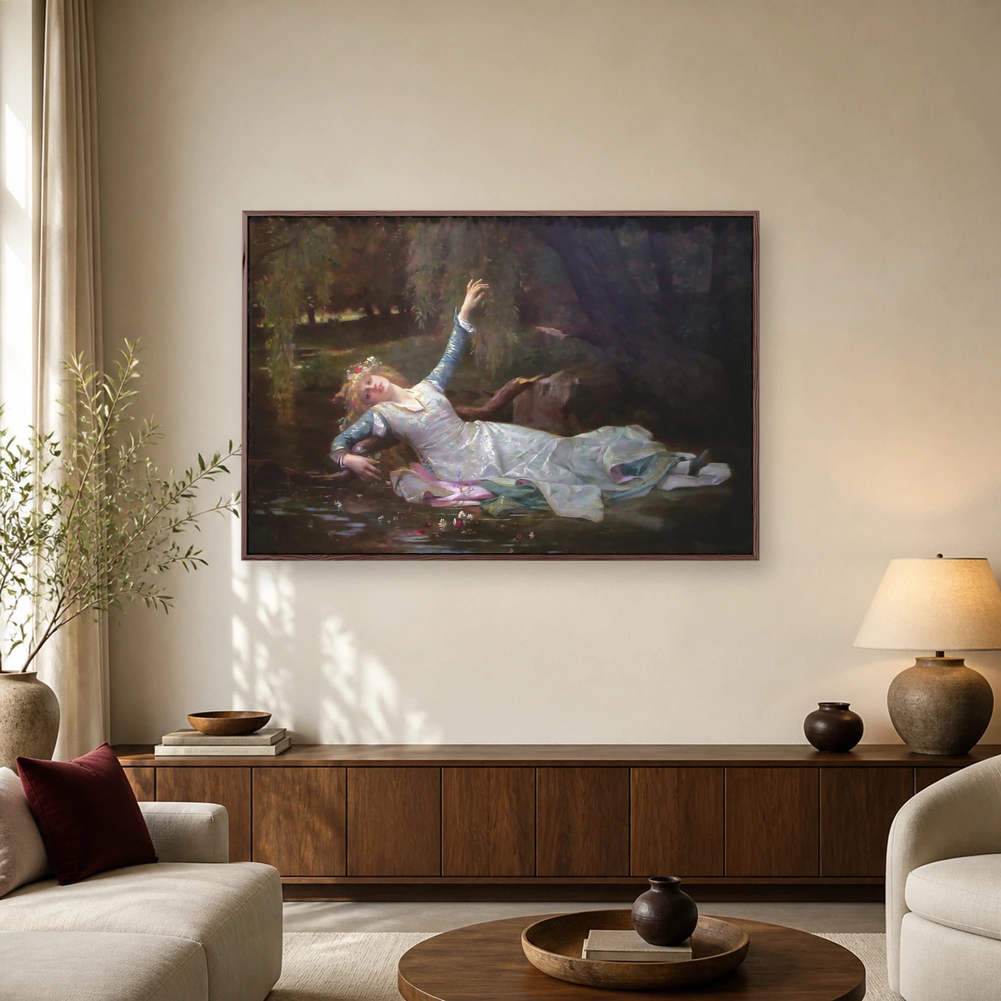 Fine art print of John Everett Millais's Ophelia depicting a woman in a historical dress floating amidst river flowers and willow trees.
