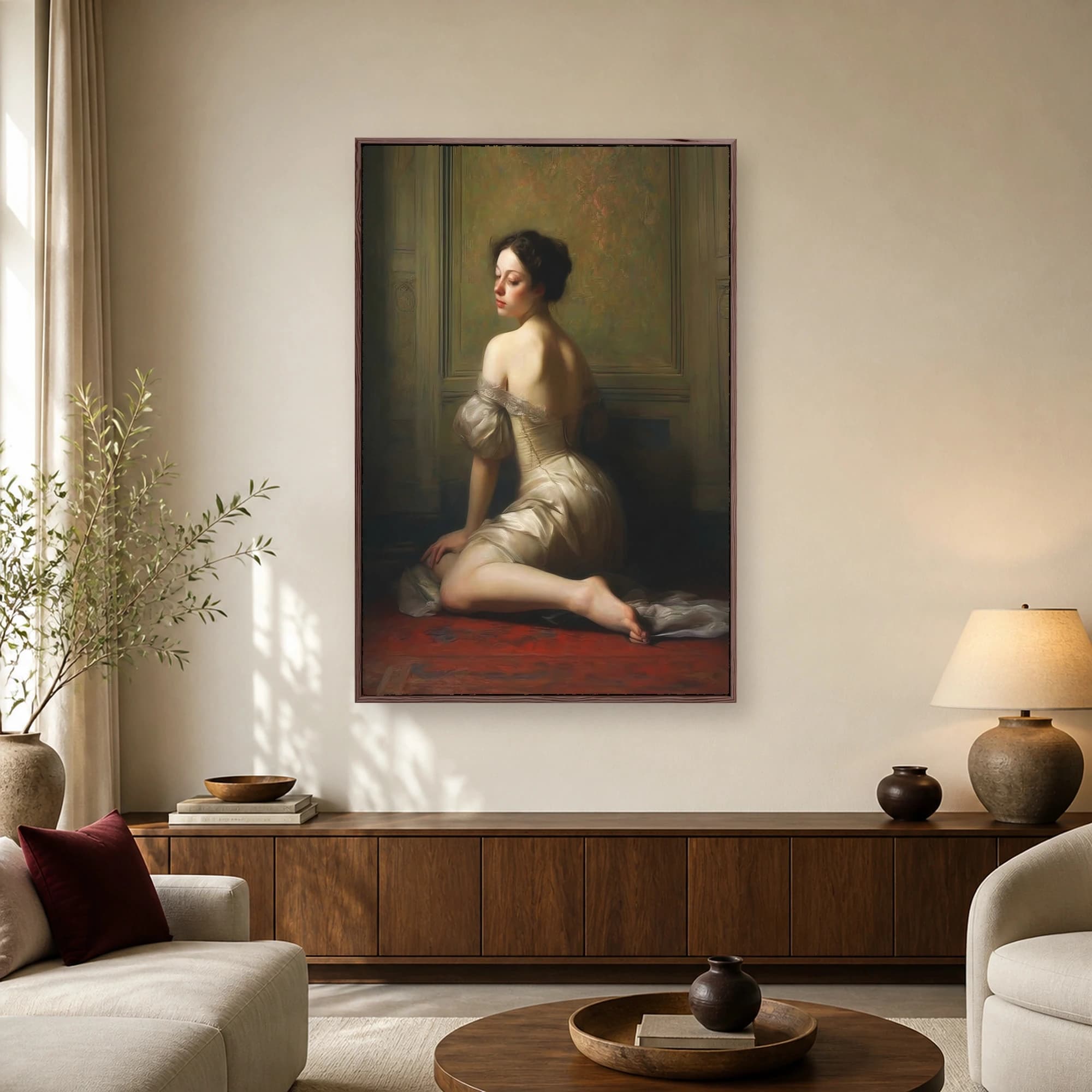 A neoclassical oil painting of a woman in an ivory off-the-shoulder gown kneeling on a red floor against a green paneled wall.