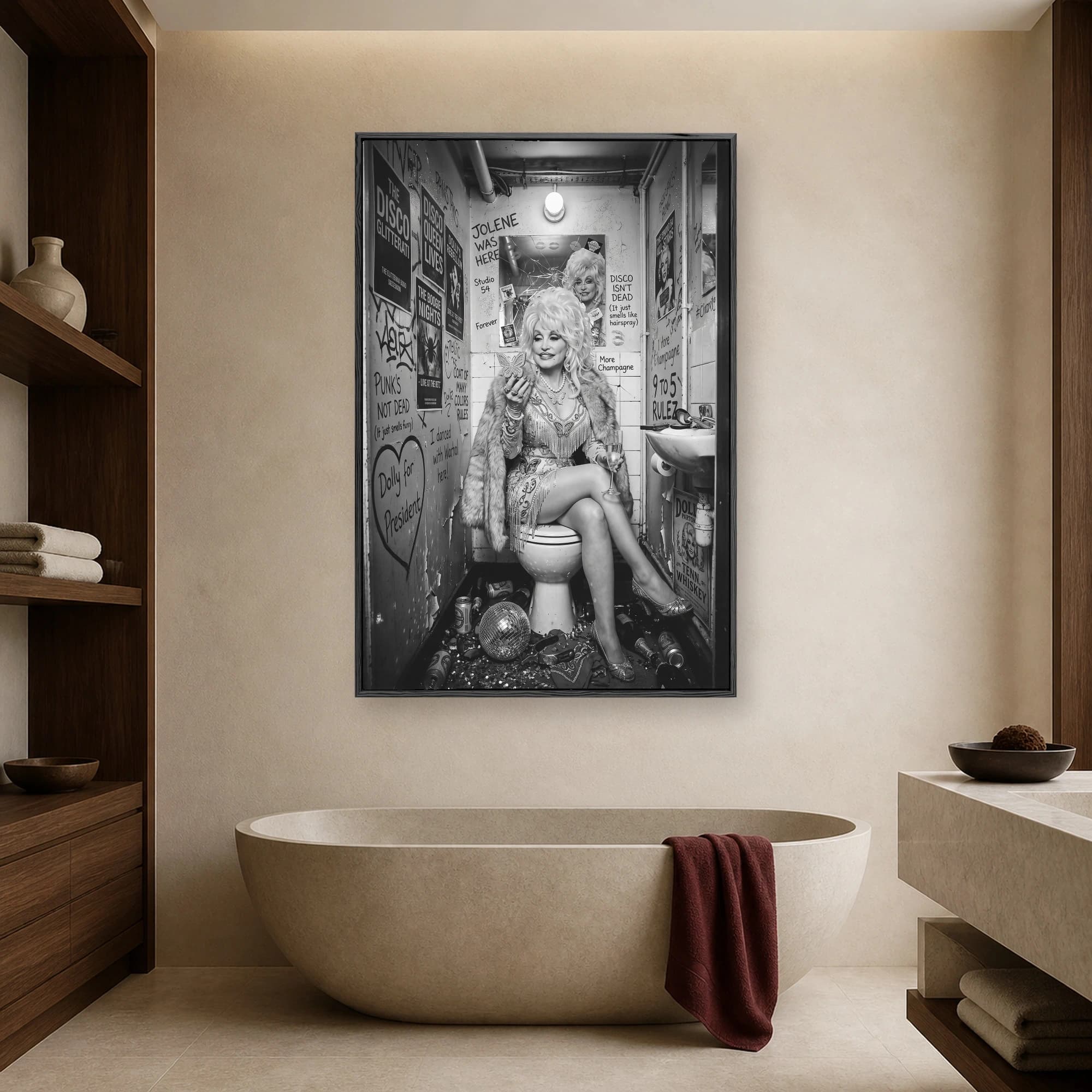 Black and white pop art print of Dolly Parton in a graffiti-covered restroom holding a champagne glass and seated on a toilet.