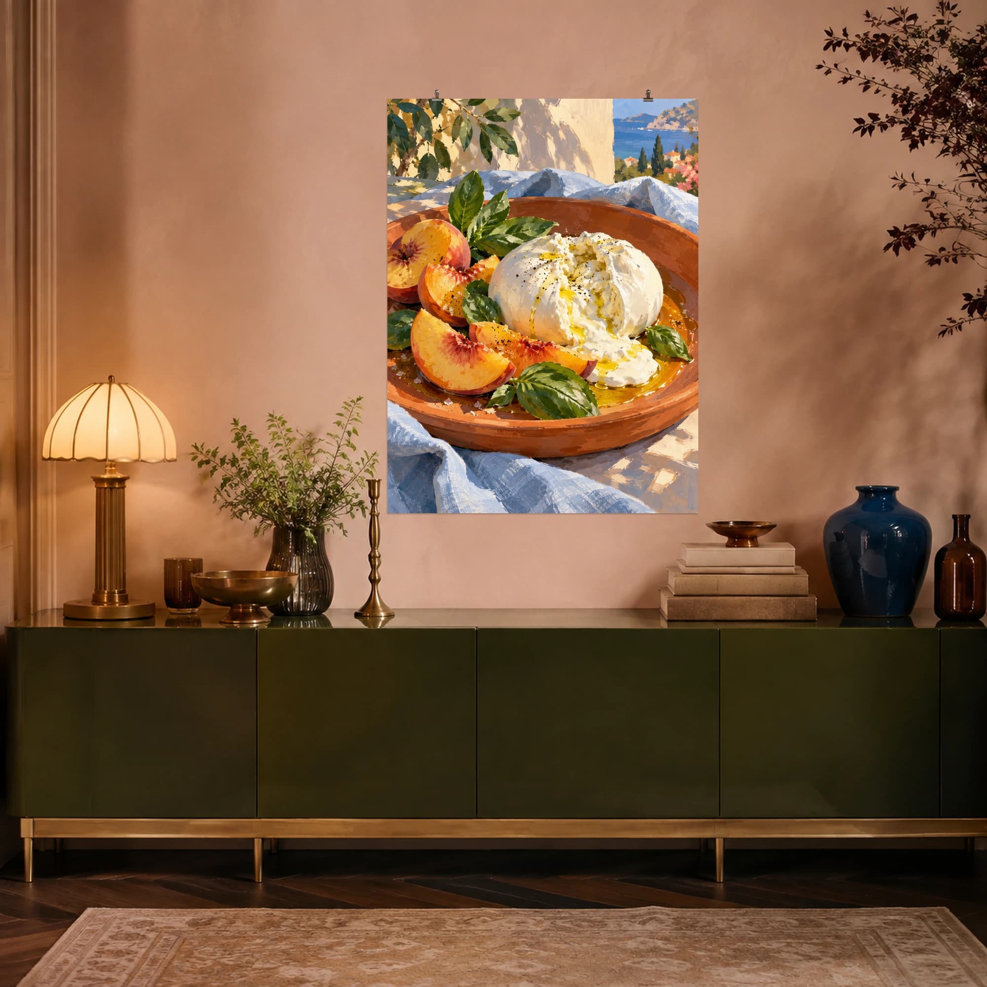 This gouache-style composition features a creamy burrata ball opened beside peach wedges, basil leaves and olive oil on a wide terracotta dish, pale blue linen and summer sunlight. Expressive brushwork and a balanced palette bring warmth and character to your space.