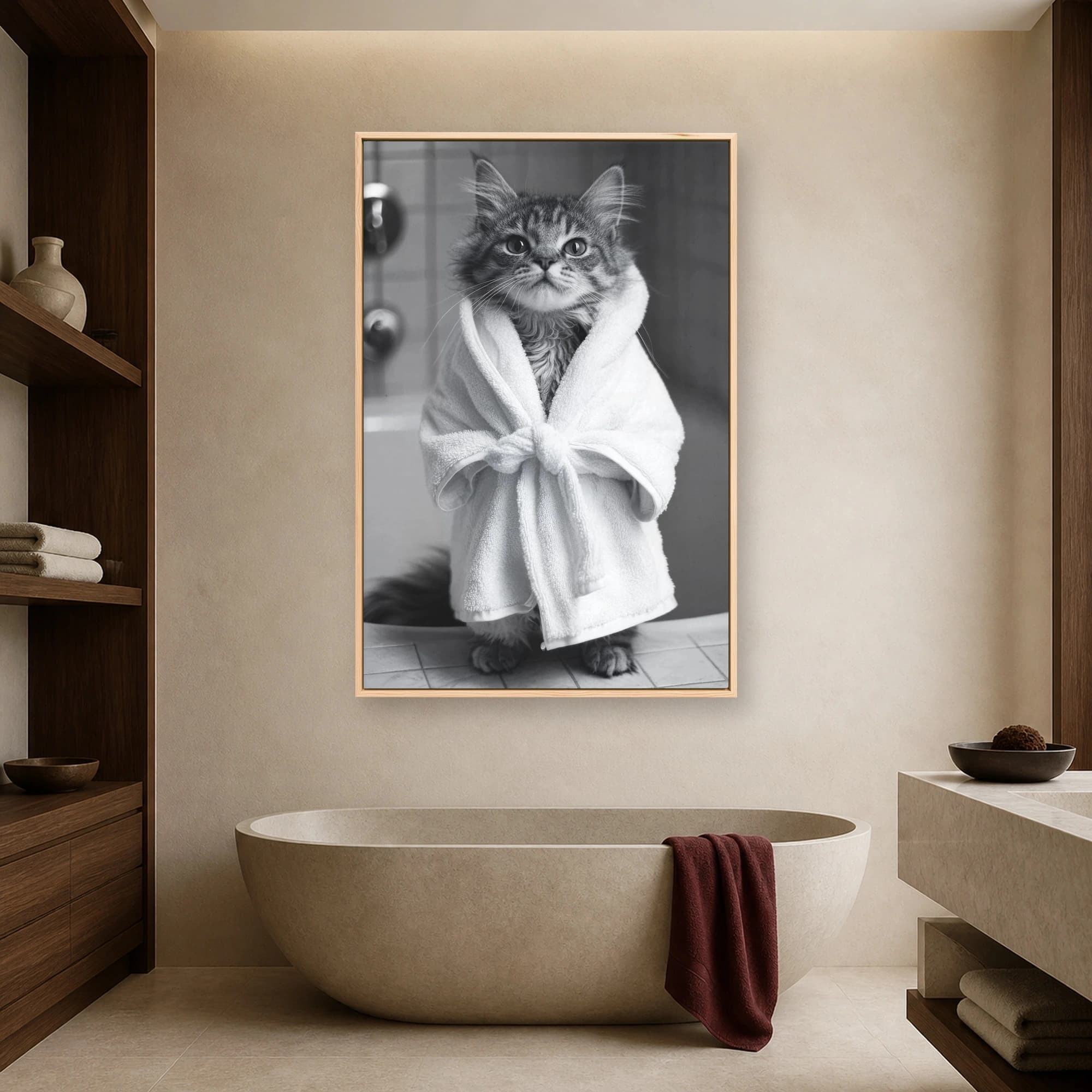 Spa Cat in White Bathrobe Black and White Wall Art, view 5