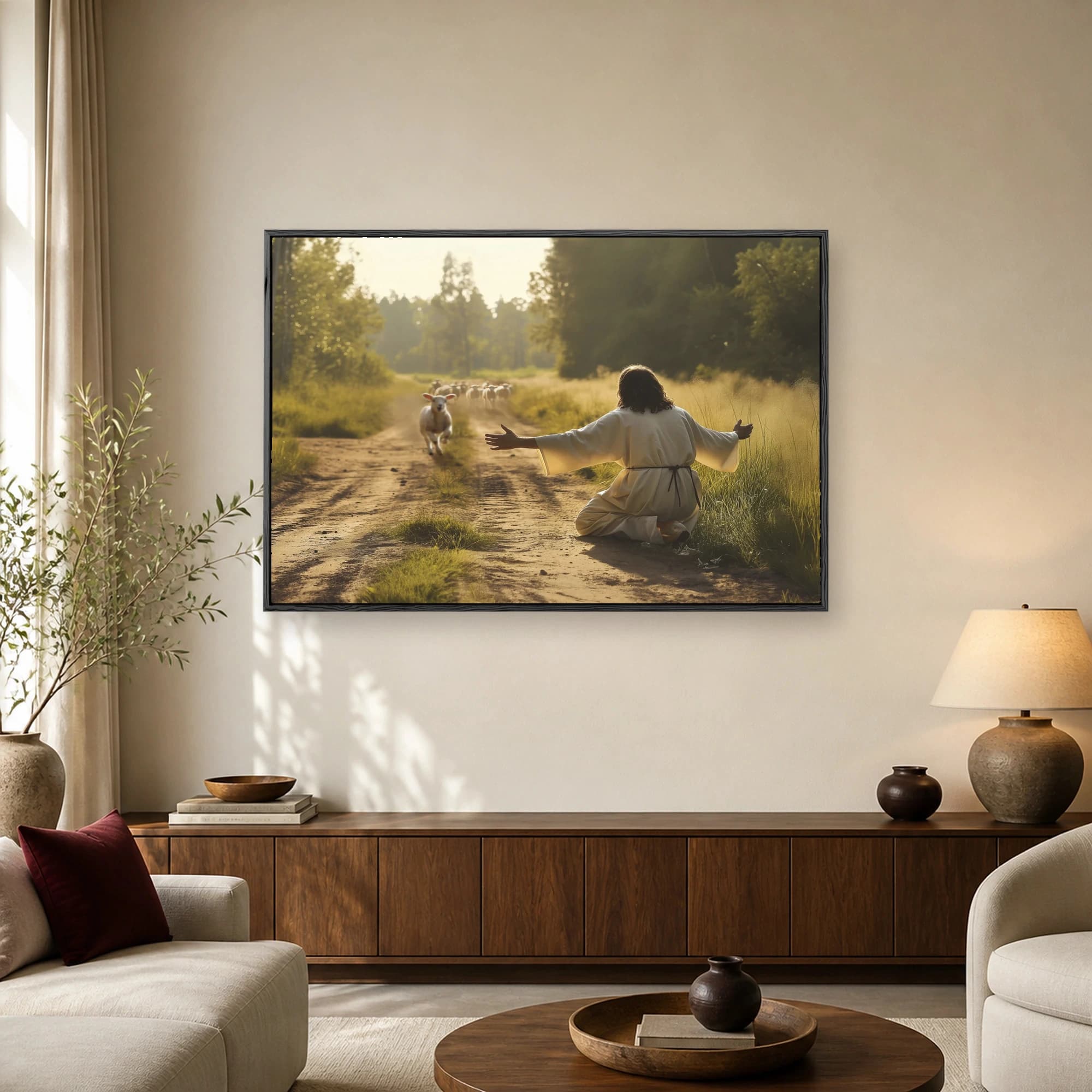 A robed figure kneeling on a dirt path with open arms welcoming a bounding lamb under golden sunlight