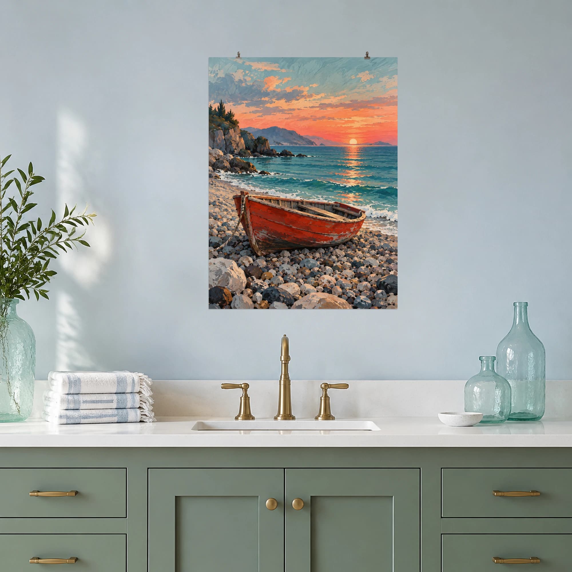 A red wooden fishing boat rests on a quiet pebble beach beneath a coral dawn sky.