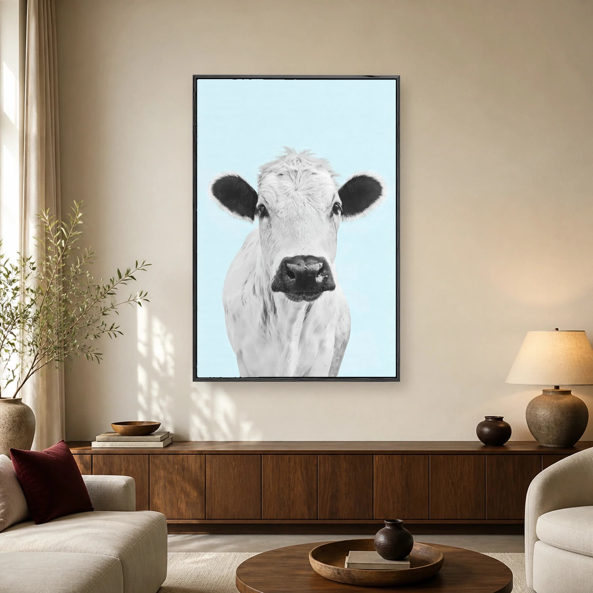Close-up portrait of a white cow with black ears and nose against a light blue background.