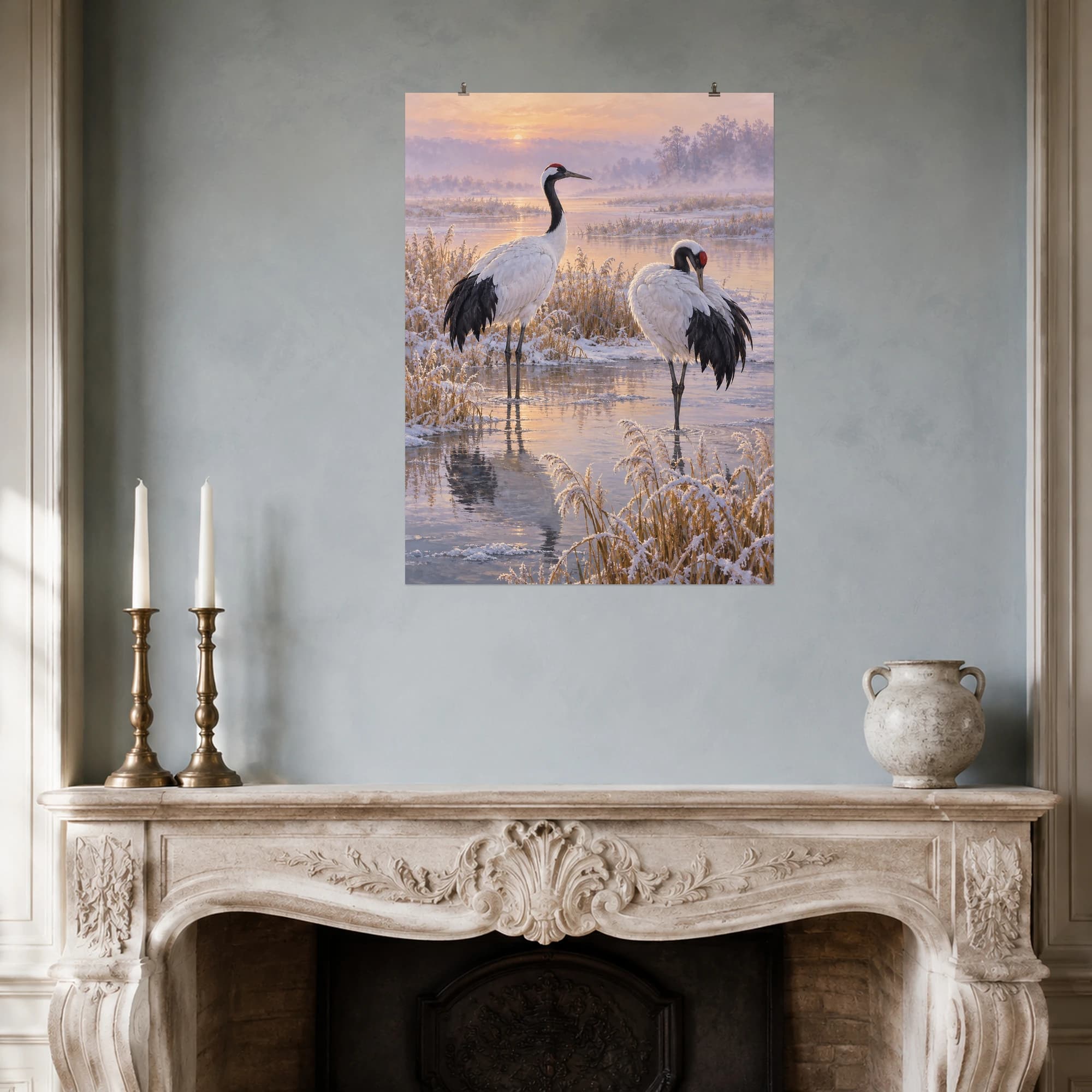 Two red-crowned cranes stand among frosted reeds in the soft light of a winter marsh.