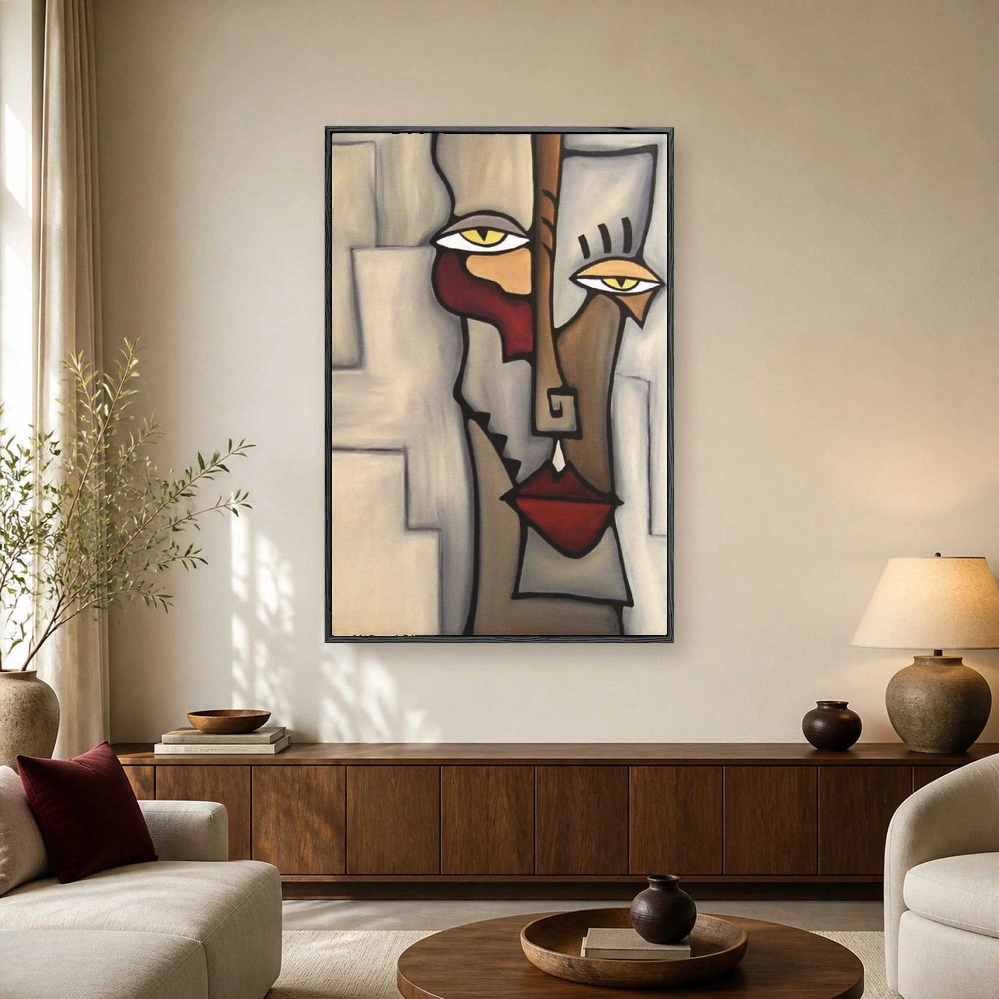 Abstract cubist portrait painting featuring geometric beige blocks, bold black outlines, striking yellow eyes, and crimson lips.