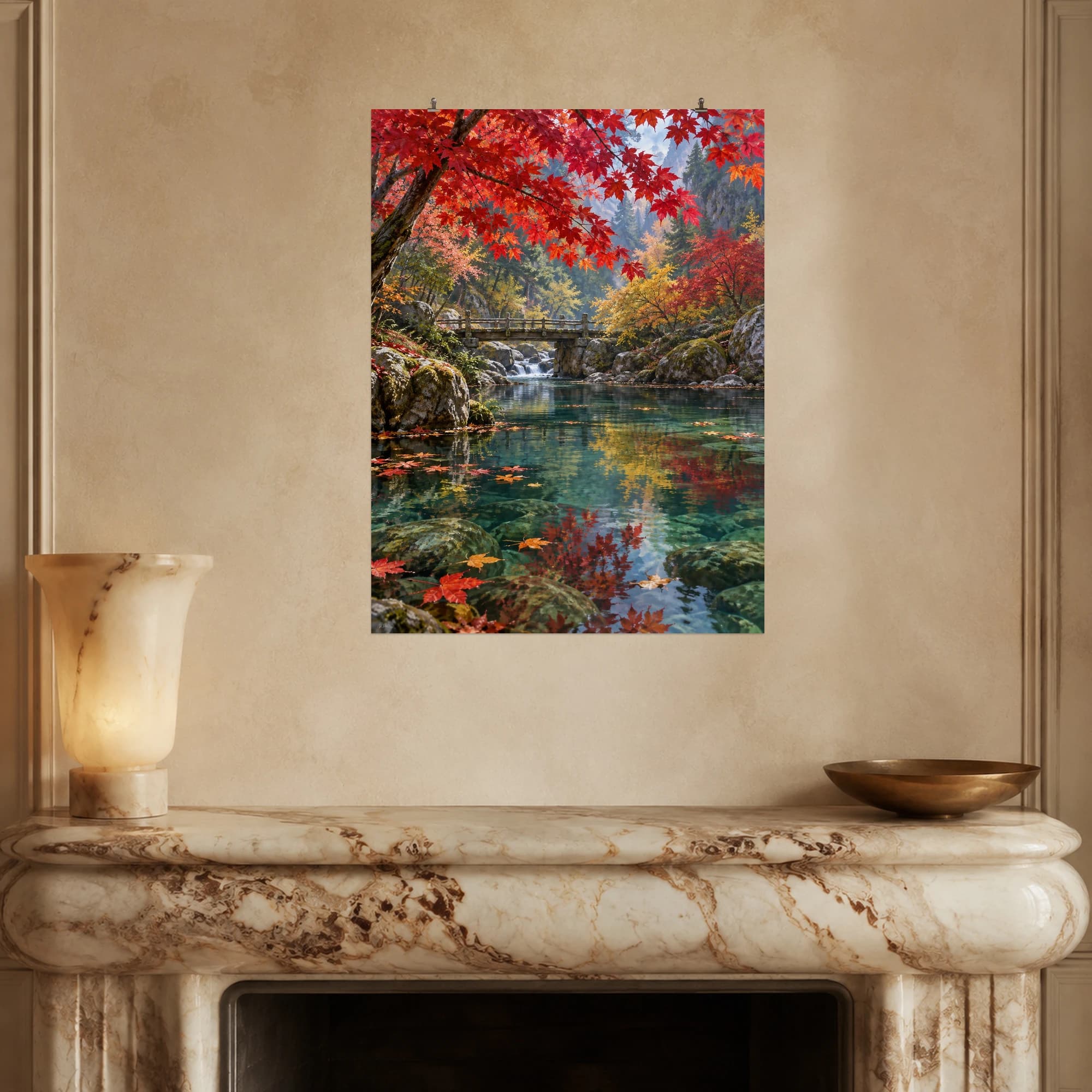 Red maple leaves hang above a forest pool crossed by a weathered wooden footbridge.