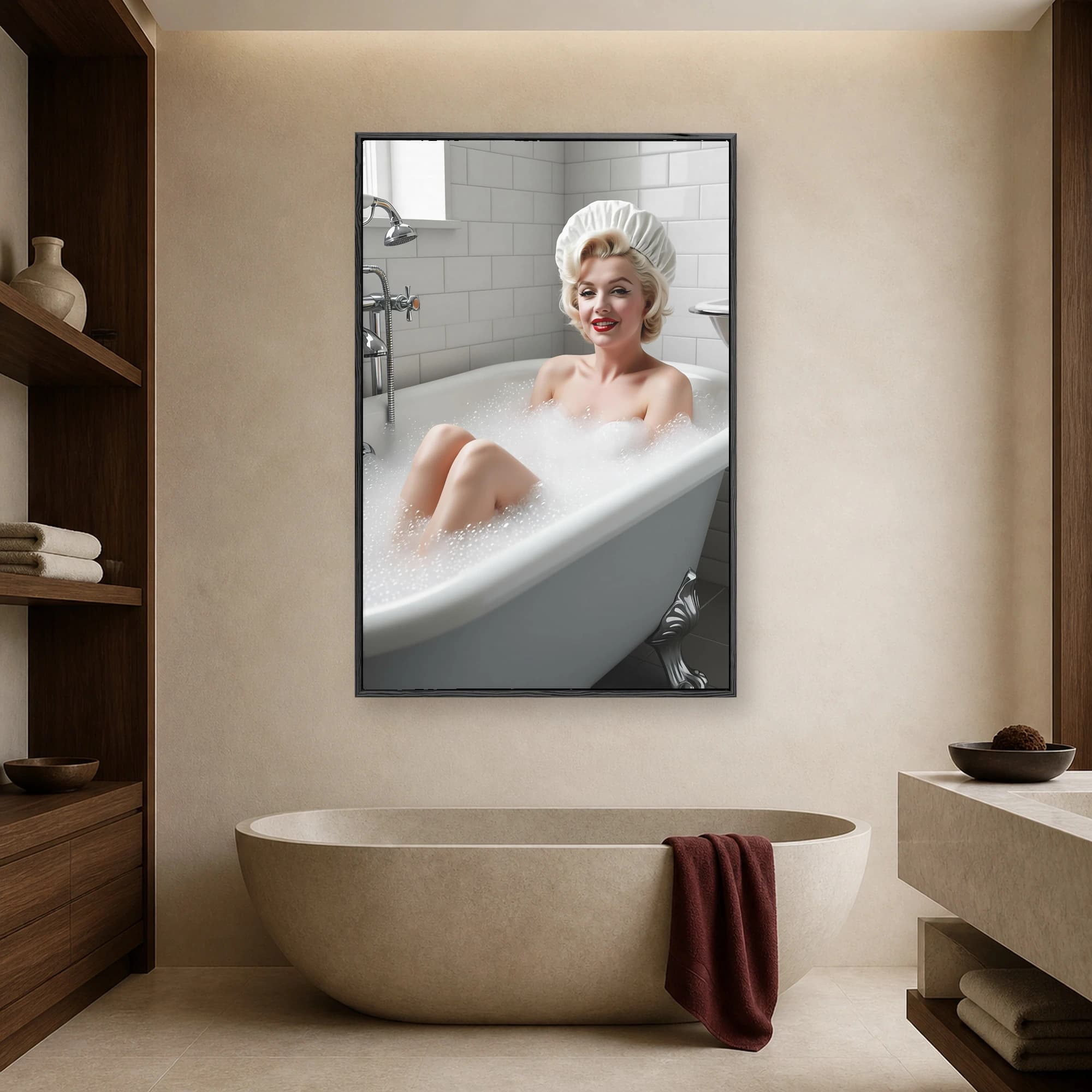 A vintage-styled portrait of a blonde Hollywood icon wearing a white shower cap and red lipstick, smiling happily inside a bubble-filled white bathtub.