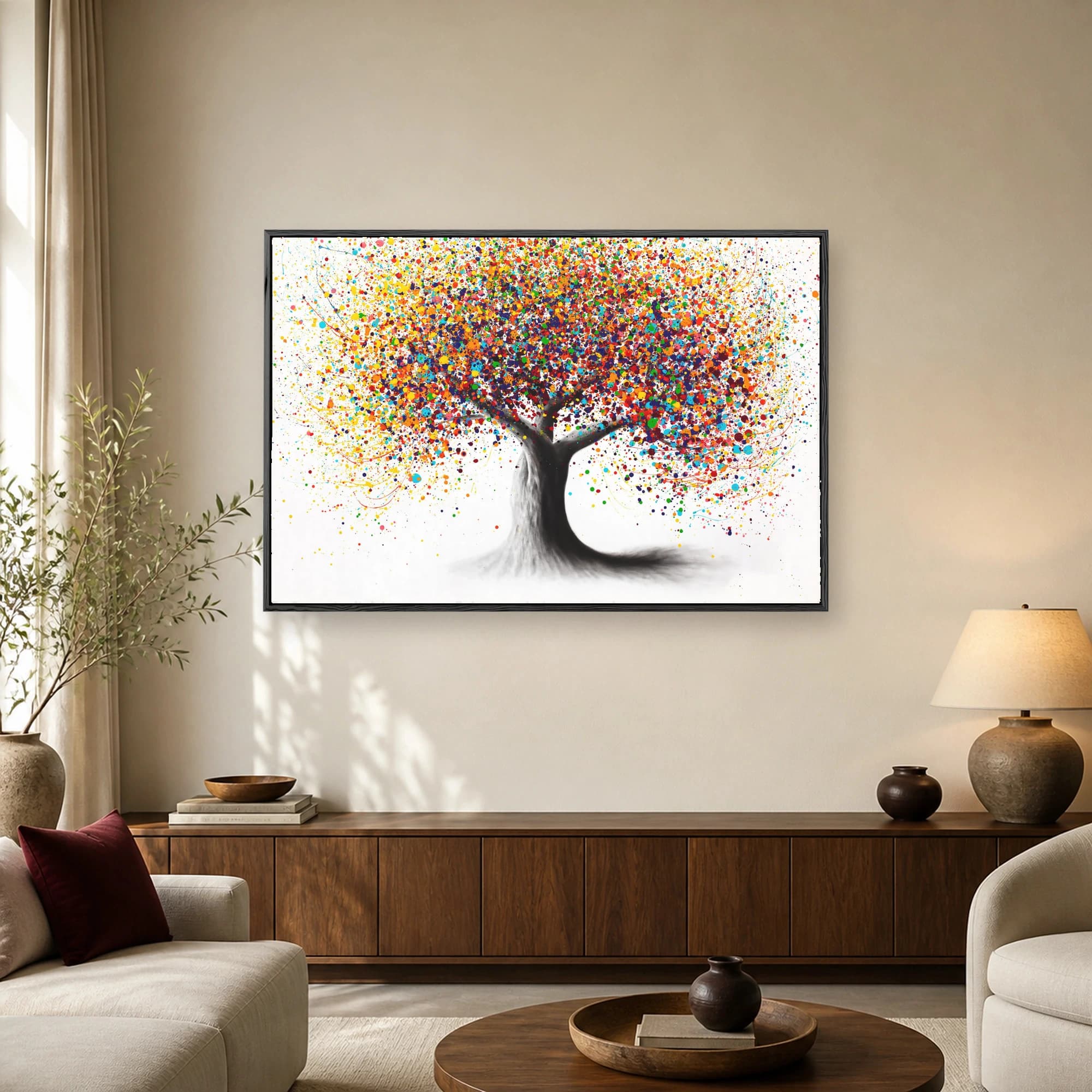 A striking modern abstract art print of a dark tree trunk with a dense, colorful canopy made of vibrant paint splatters against a white background.