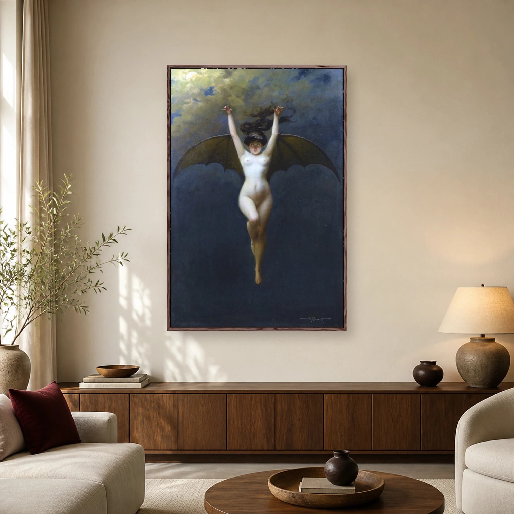 Classic painting of a pale female figure with large bat wings hovering against a dark nocturnal sky, titled La Femme Chauve-Souris
