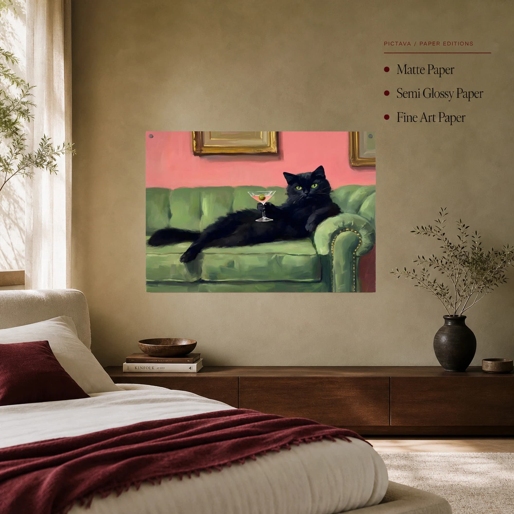 Sophisticated Black Cat Drinking Martini Canvas Art, view 8
