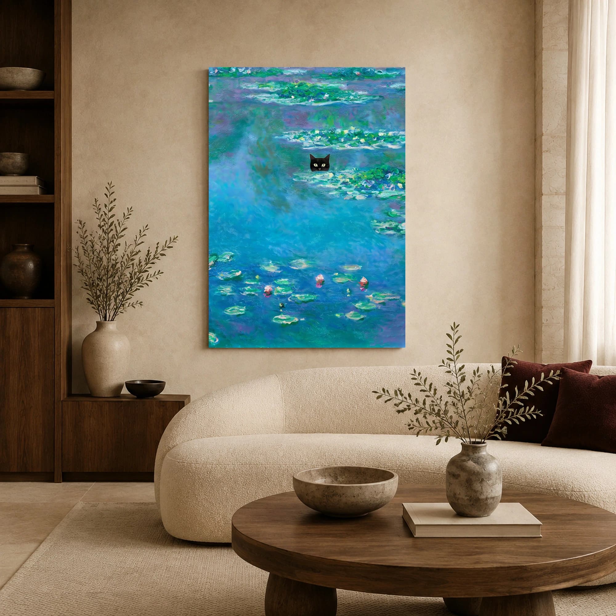 Black Cat Water Lilies Impressionist Canvas Print, view 6