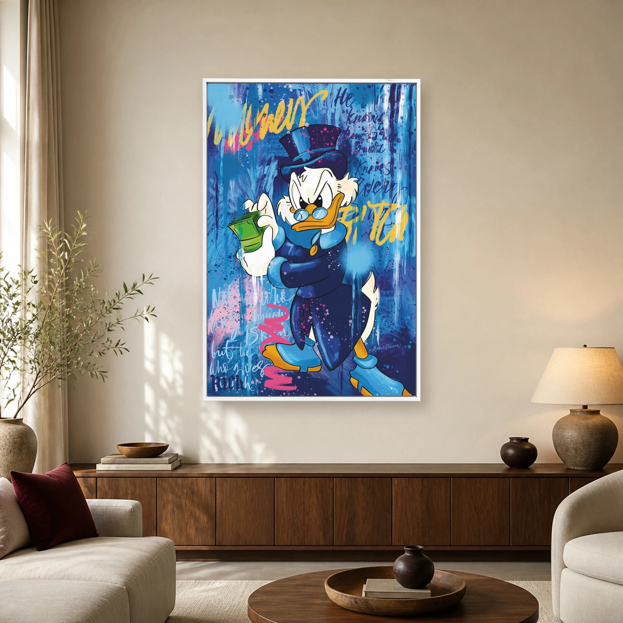 Stylized pop art painting of Scrooge McDuck in a blue top hat and coat holding cash against a blue graffiti background.