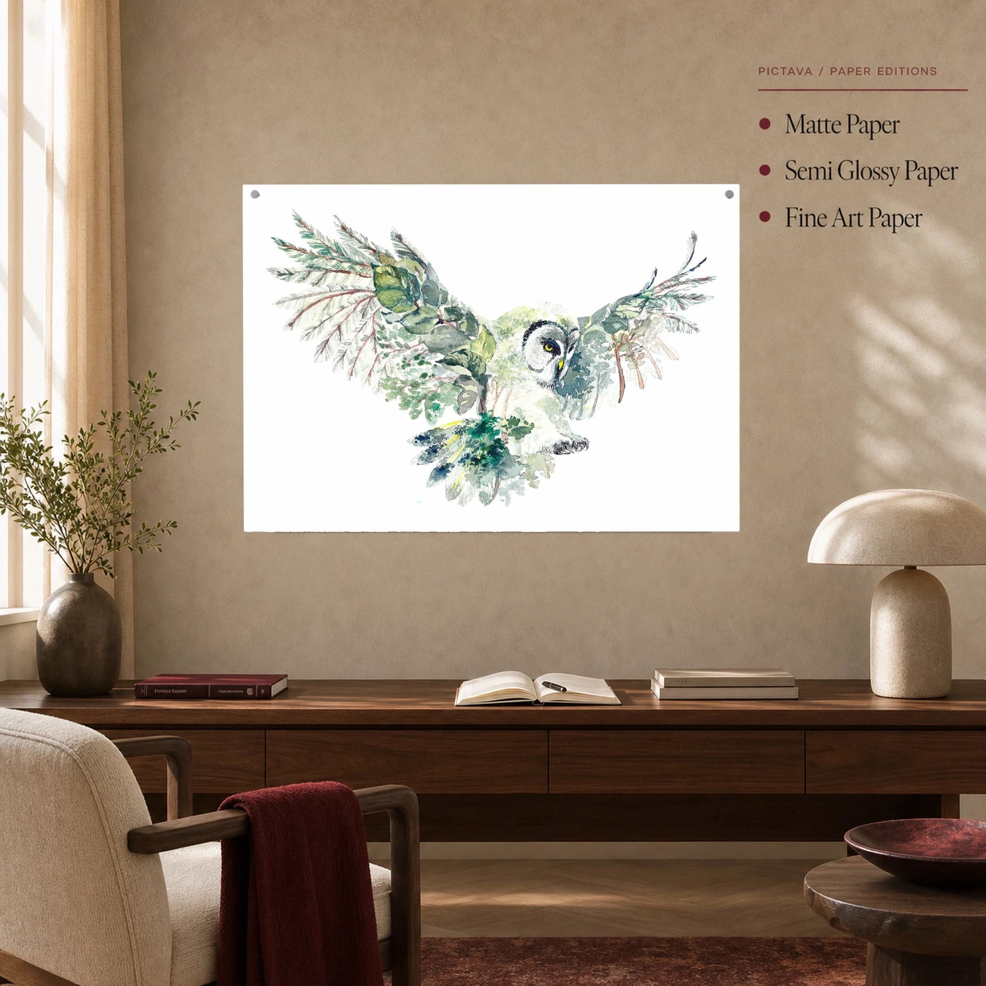 Watercolor Owl Forest Double Exposure Fine Art Print, view 3