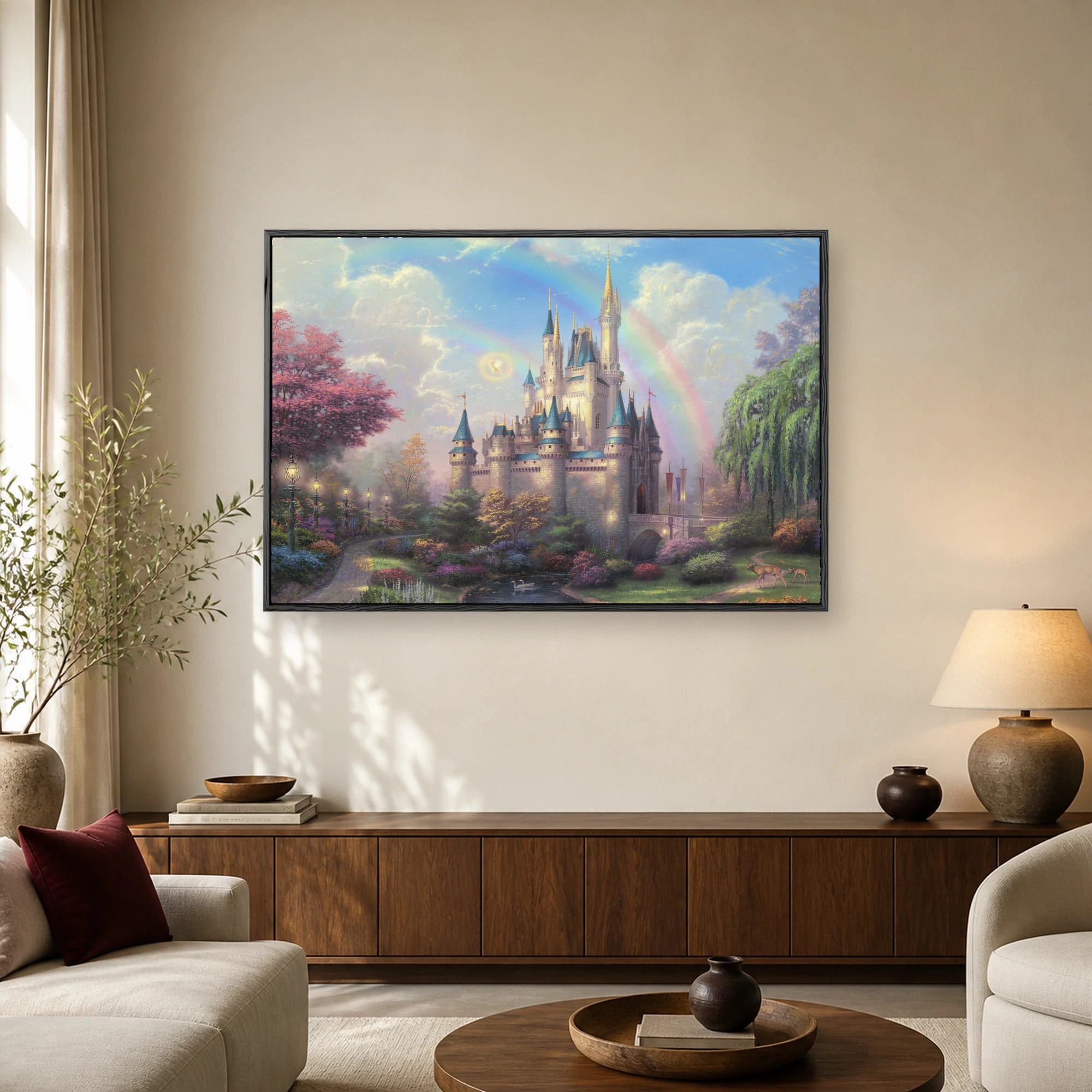 A luminous fantasy painting of a grand castle with blue spires, a double rainbow in the sky, blooming gardens, and a winding path.