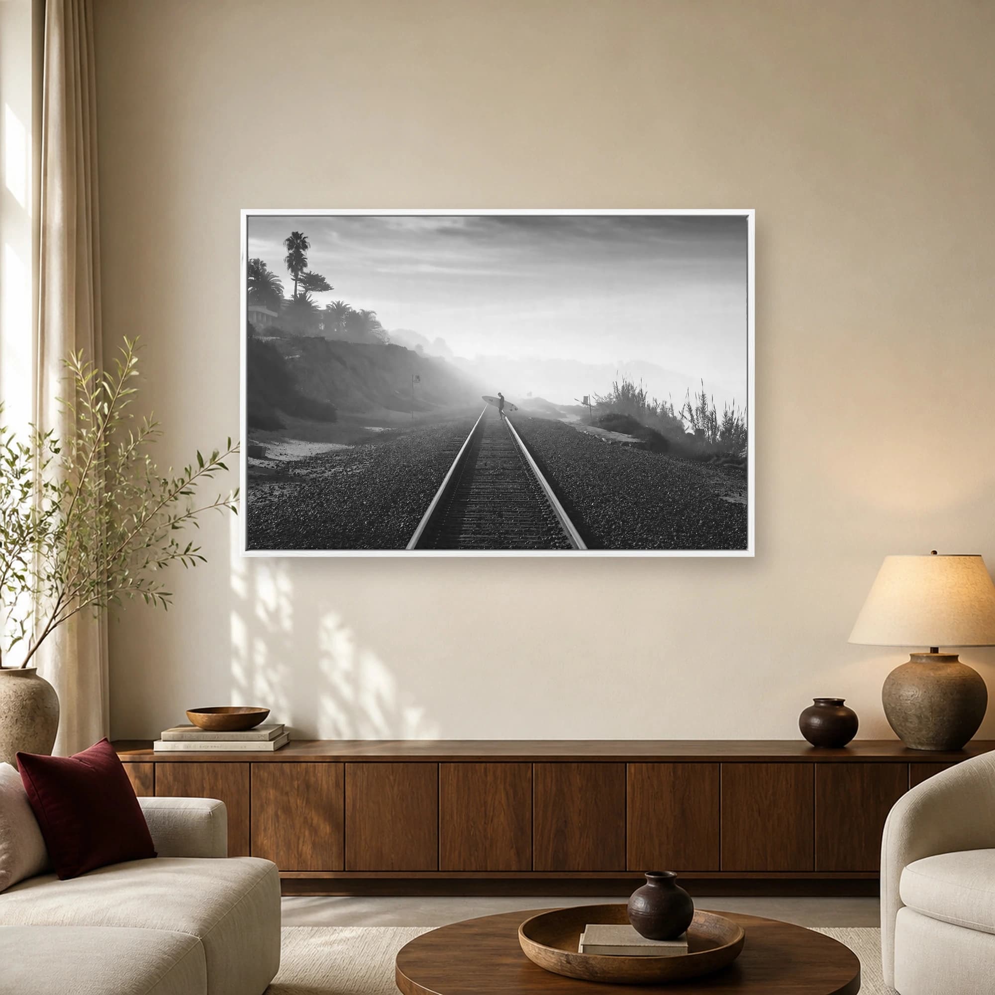 Surfer on Coastal Railway Tracks Black and White Photography, view 2