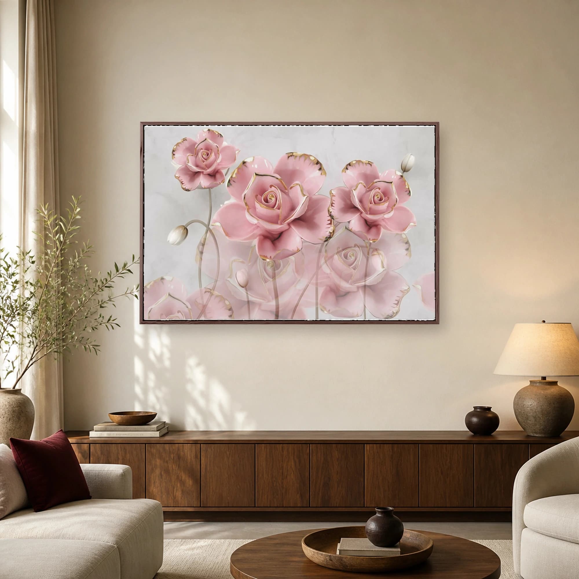 Pink Ceramic Roses Gold Trim Floral Wall Art Canvas, view 3