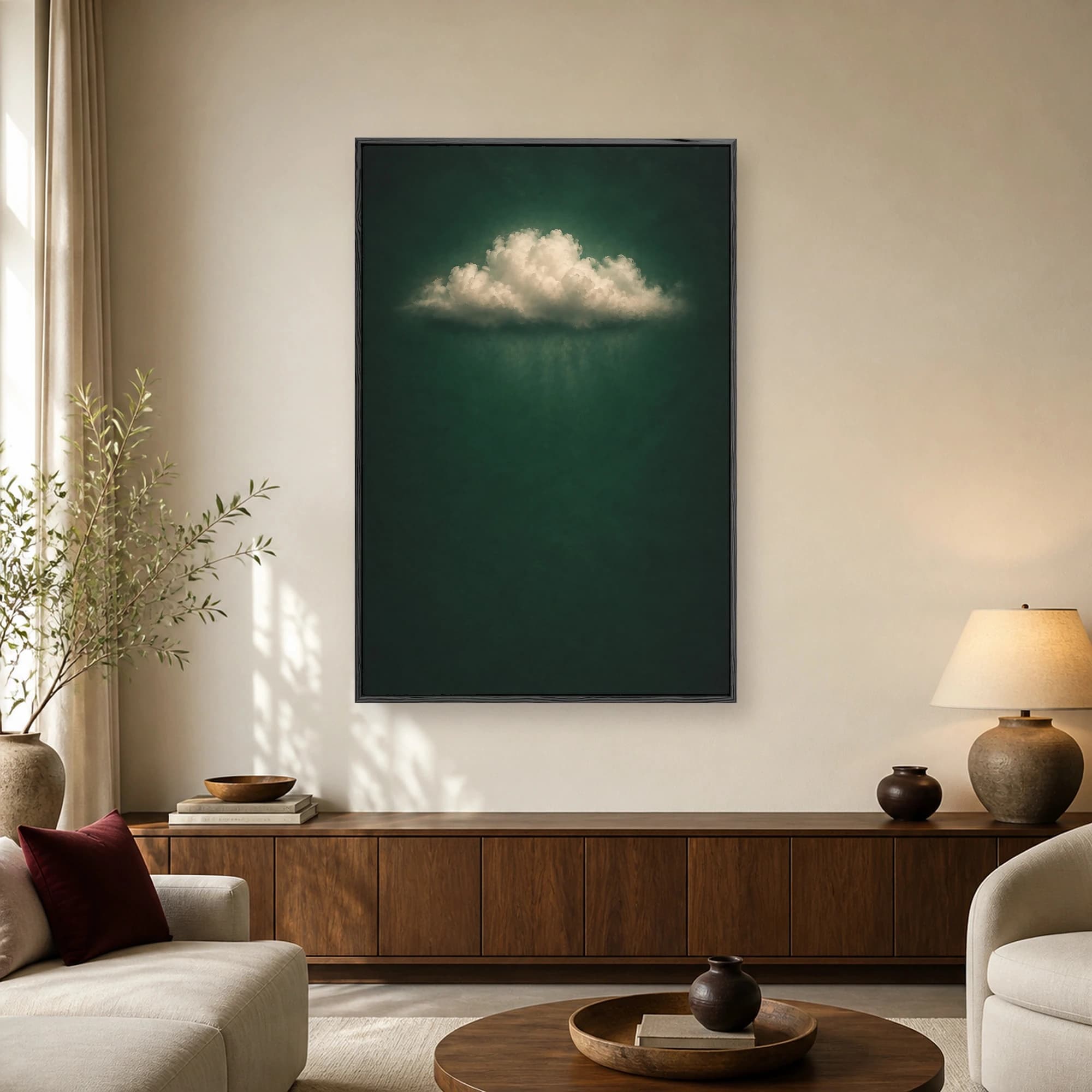 A minimalist surrealist artwork depicting a single fluffy white cloud floating against a textured dark emerald green background in vertical orientation.