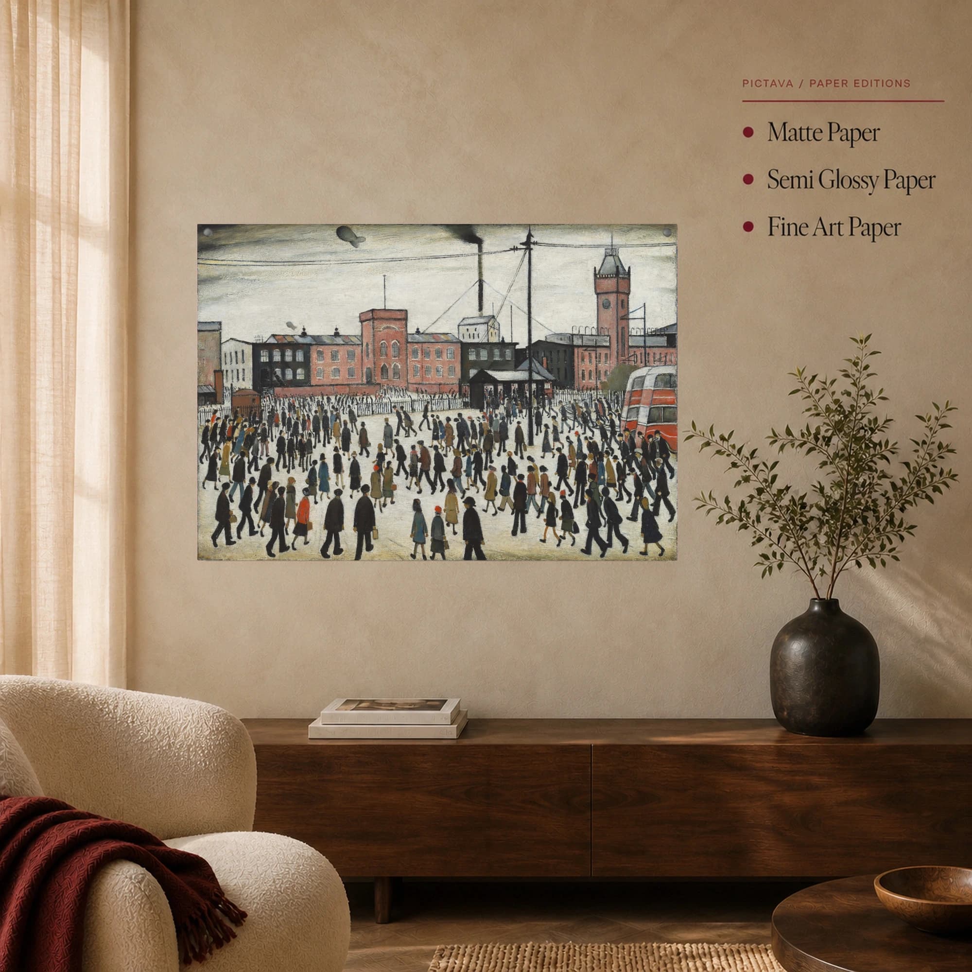 Industrial Town Square Fine Art Print with Crowds and Red Bus, view 4