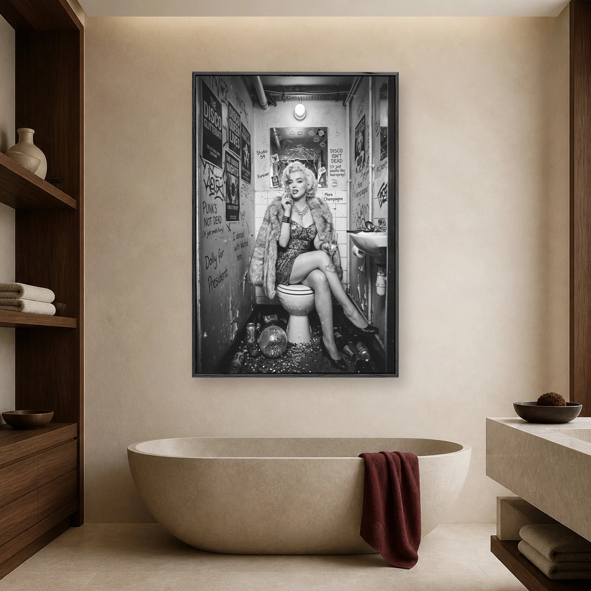 Black and white portrait of a Marilyn Monroe lookalike in a sequined dress and fur coat smoking a cigarette on a toilet in a graffiti‐covered nightclub bathroom.