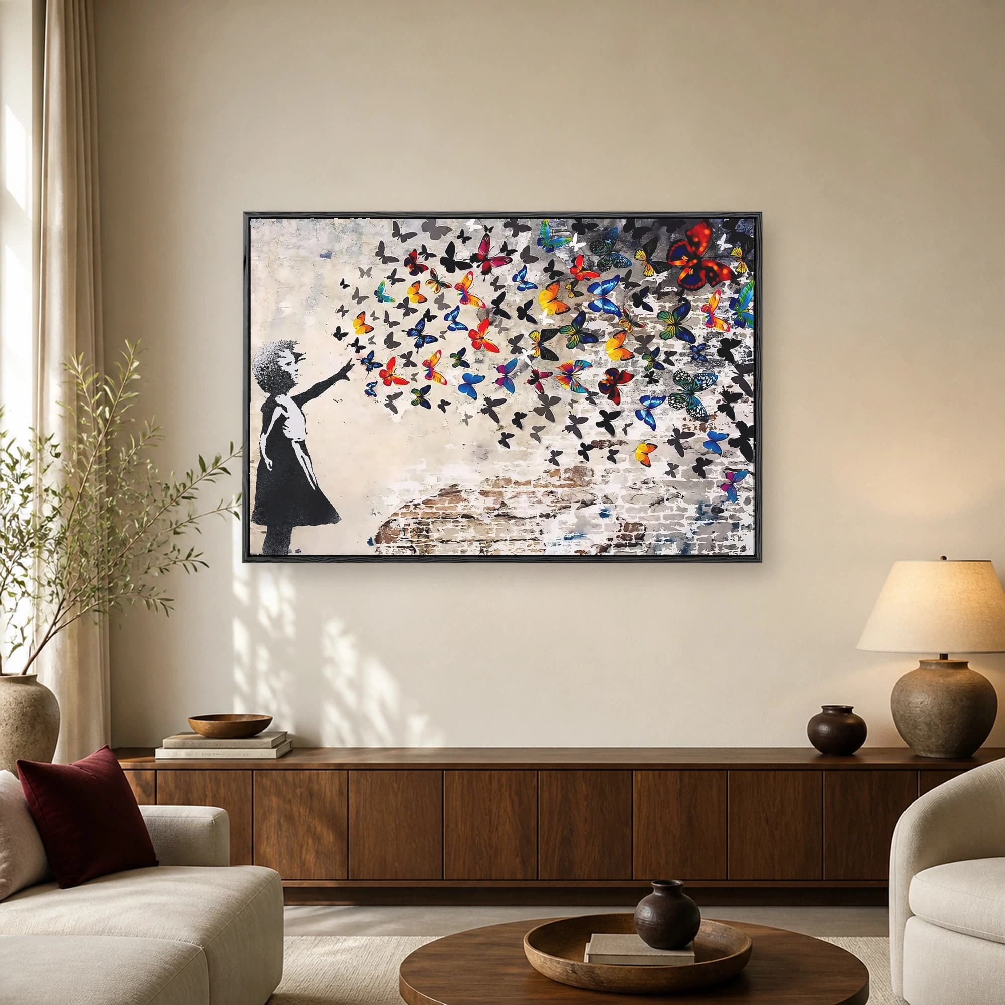 Stencil silhouette of a young girl in black dress reaching toward a swirling cloud of colorful butterflies on a distressed brick wall.