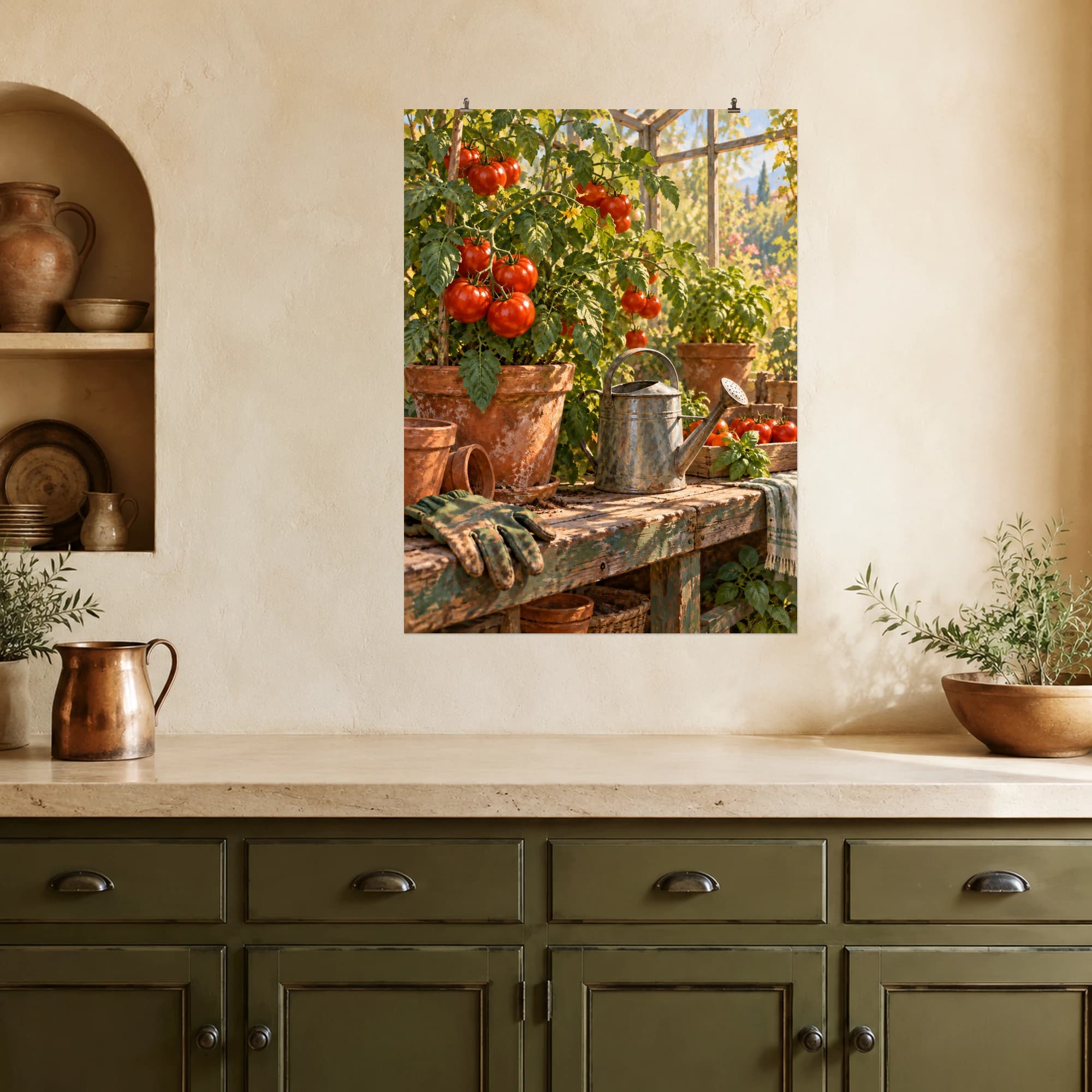 A tomato plant heavy with red fruit stands on a greenhouse potting bench beside a watering can. Weathered surfaces and leafy growth celebrate everyday gardening.