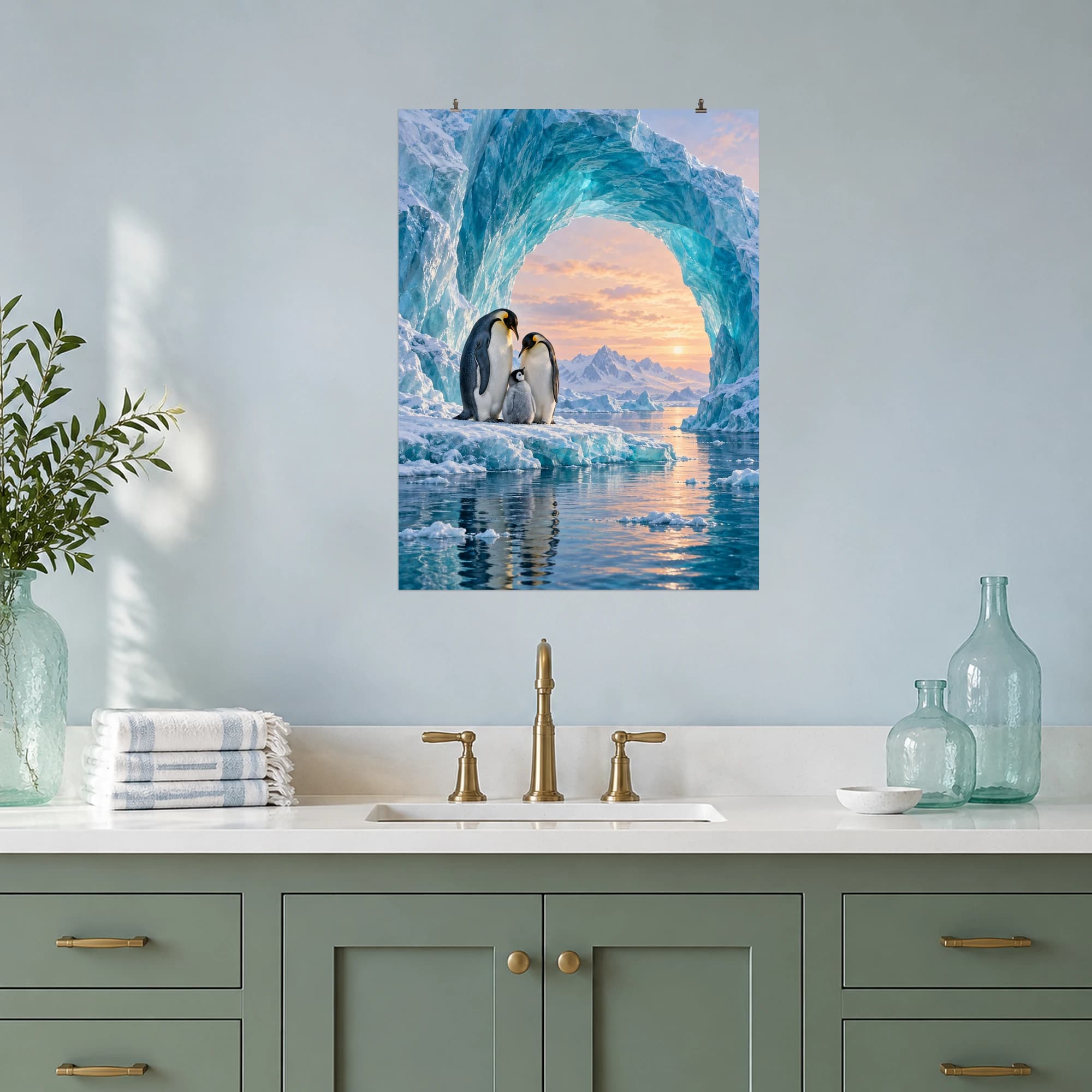 A penguin family gathers beneath a turquoise ice arch against a softly glowing polar sky.