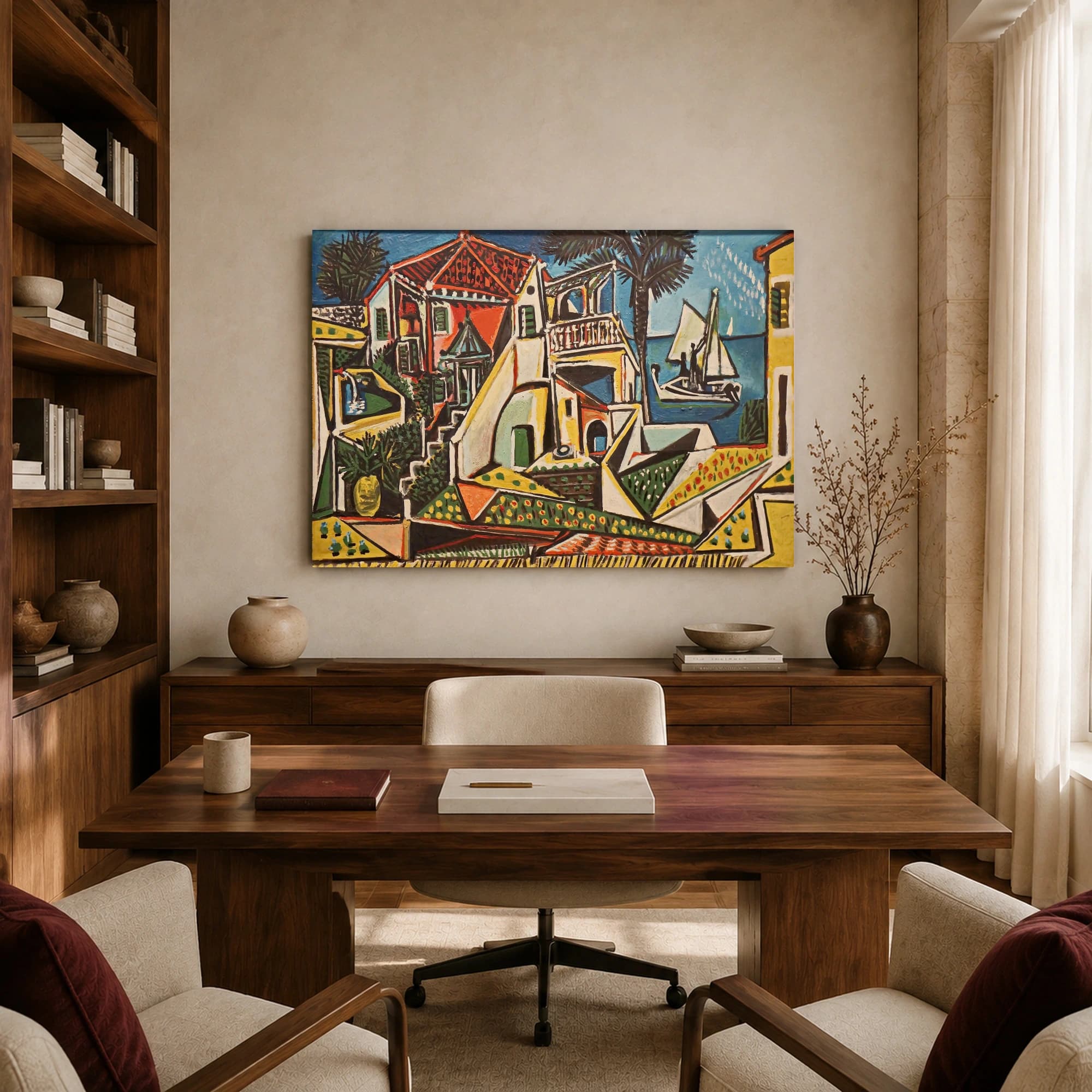 Mediterranean Coastal Villa and Sailboat Cubist Art Print, view 8