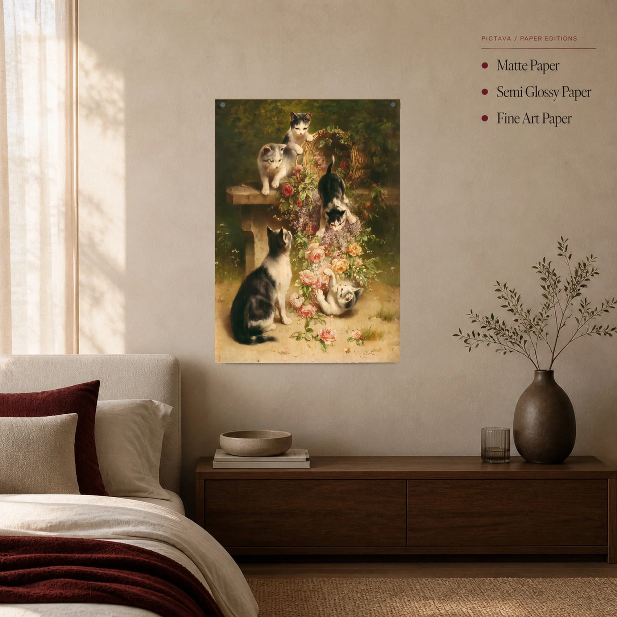 Playful Kittens and Roses Vintage Canvas Art Print, view 4
