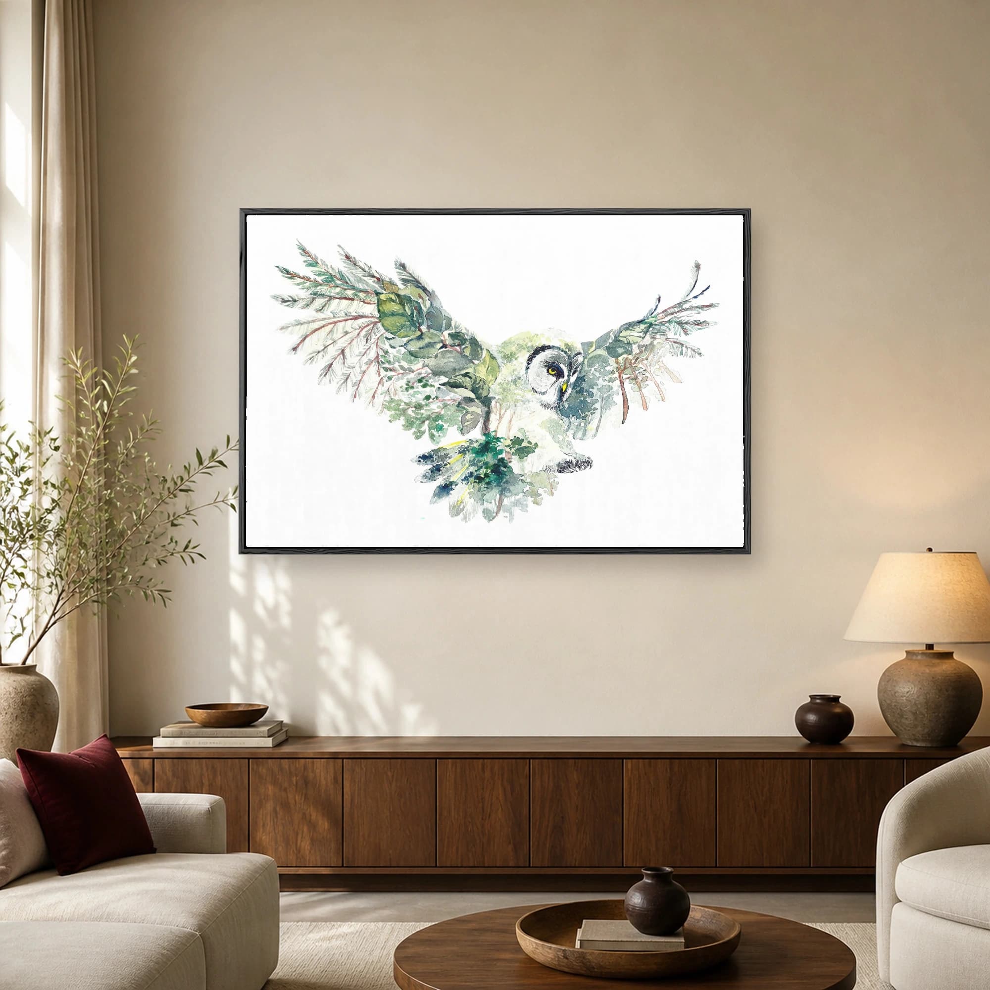 Watercolor painting of an owl with its wings spread, filled with a detailed double exposure of an evergreen pine forest.